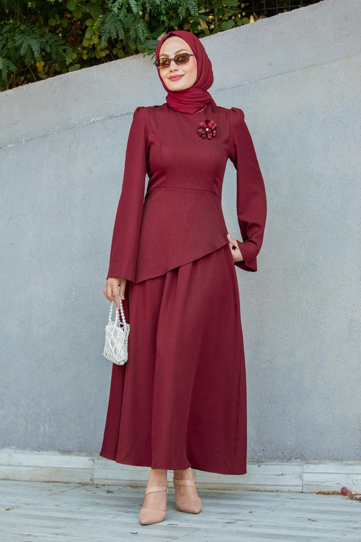 Rise Keten Broşlu Bluz Etek Takım-Bordo