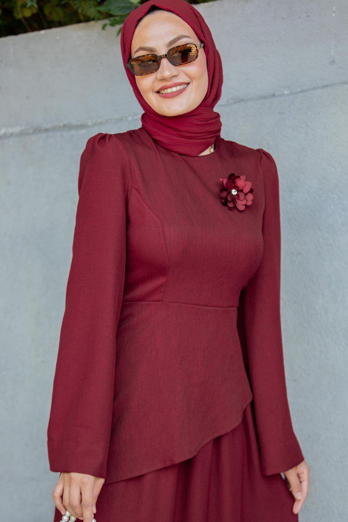 Rise Keten Broşlu Bluz Etek Takım-Bordo