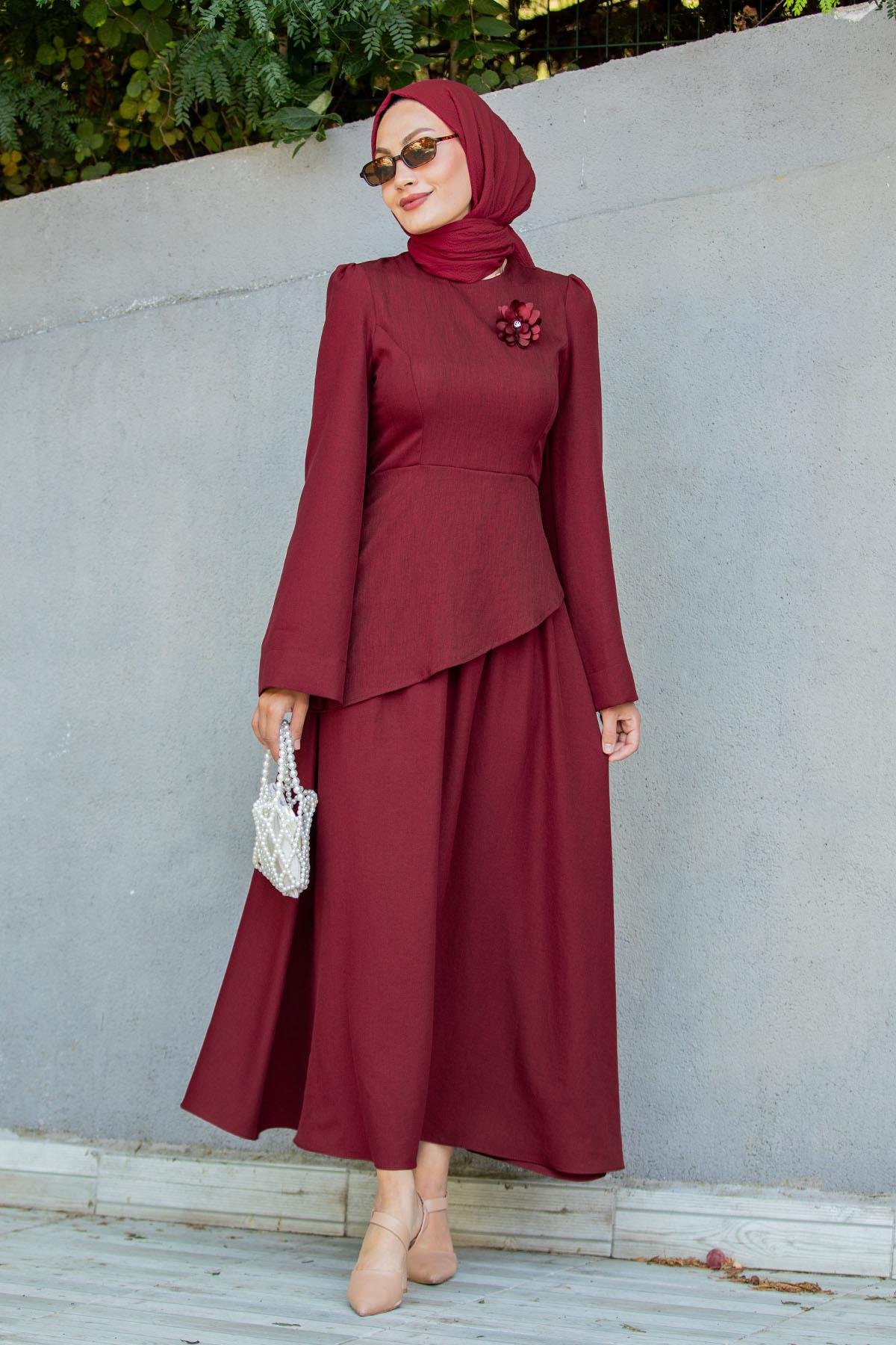 Rise Keten Broşlu Bluz Etek Takım-Bordo
