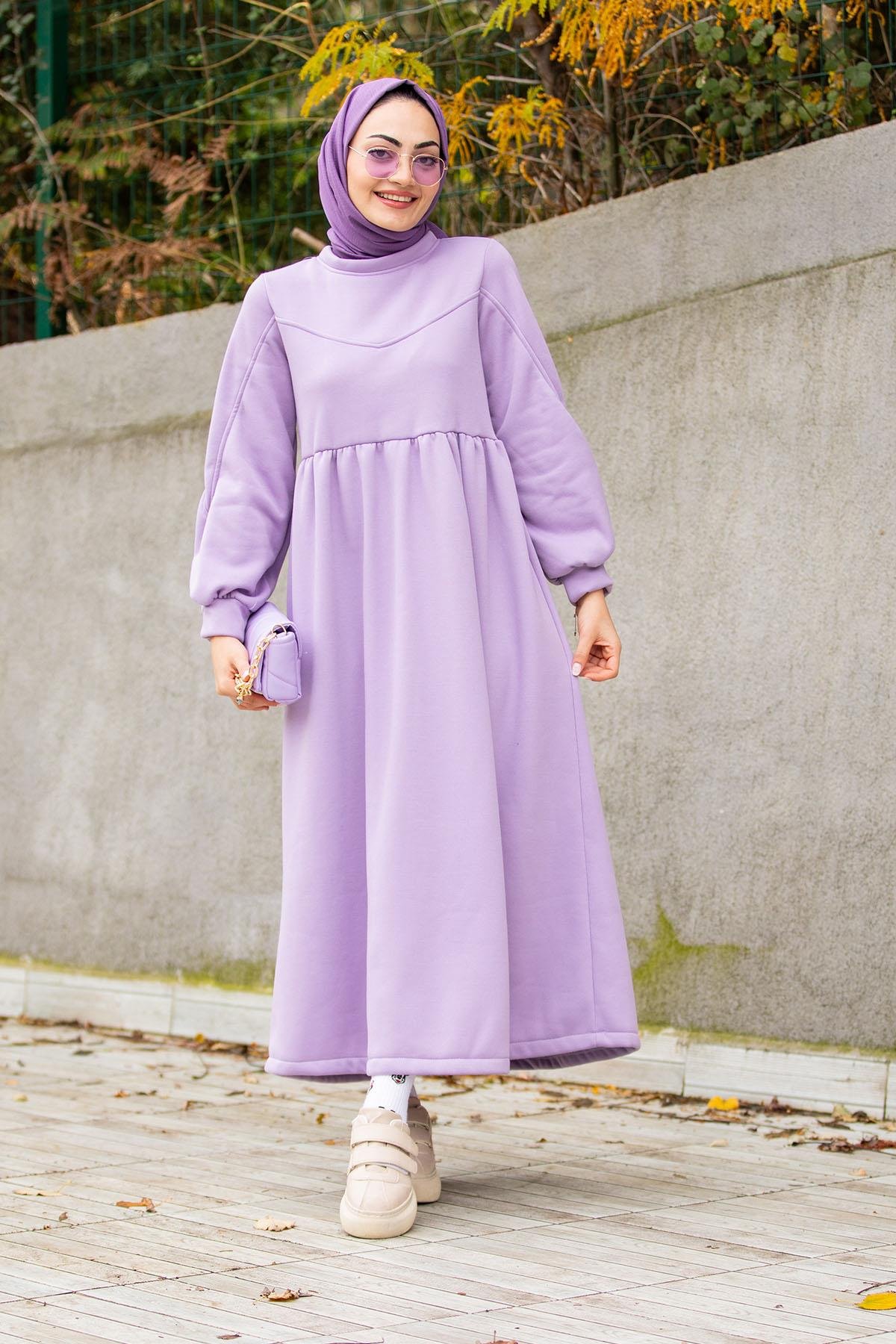 Robalı Üç İplik Şarbonlu Elbise-Lila