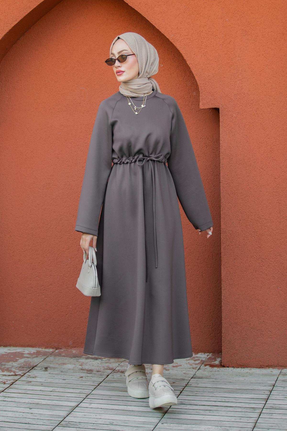 Royal Pufy Dalgıç Relax Elbise-Kahve