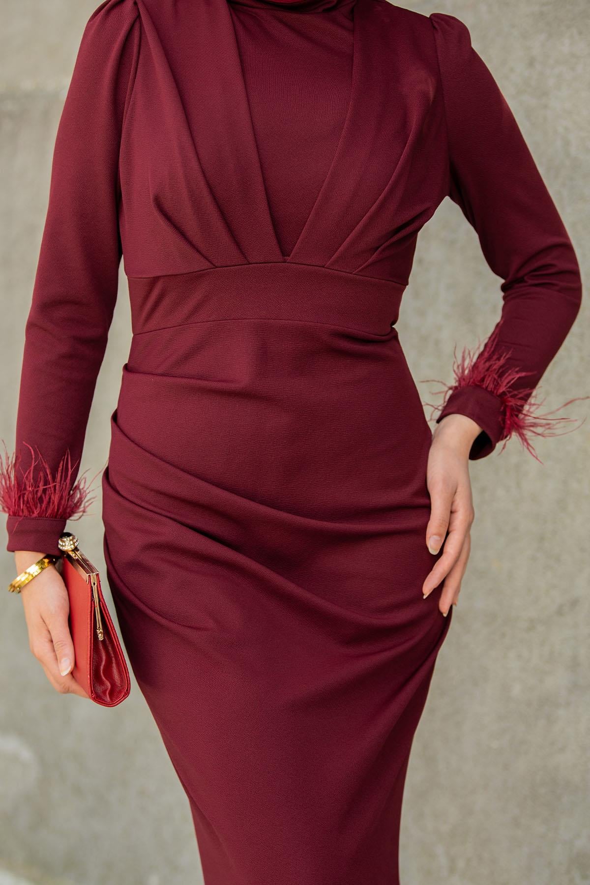 Rua Tüy ve Drape Detaylı Abiye-Bordo