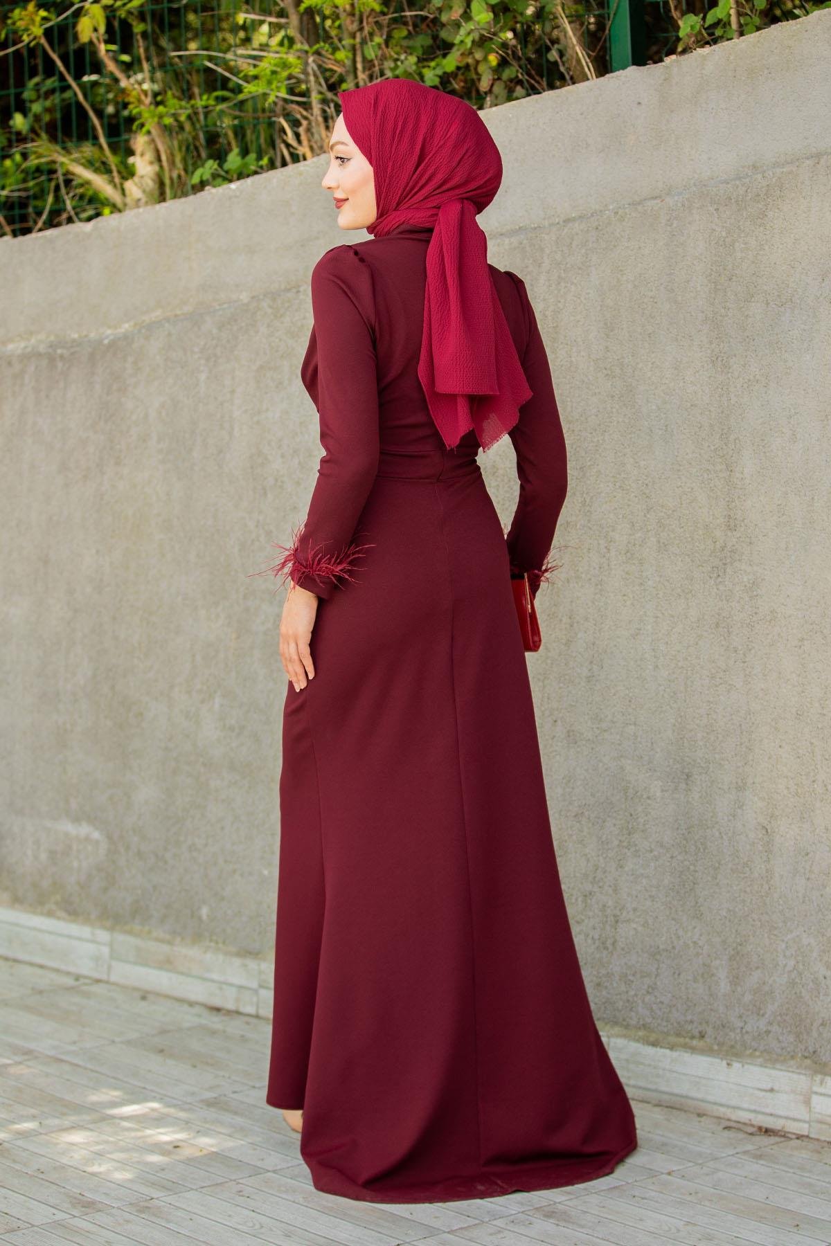 Rua Tüy ve Drape Detaylı Abiye-Bordo