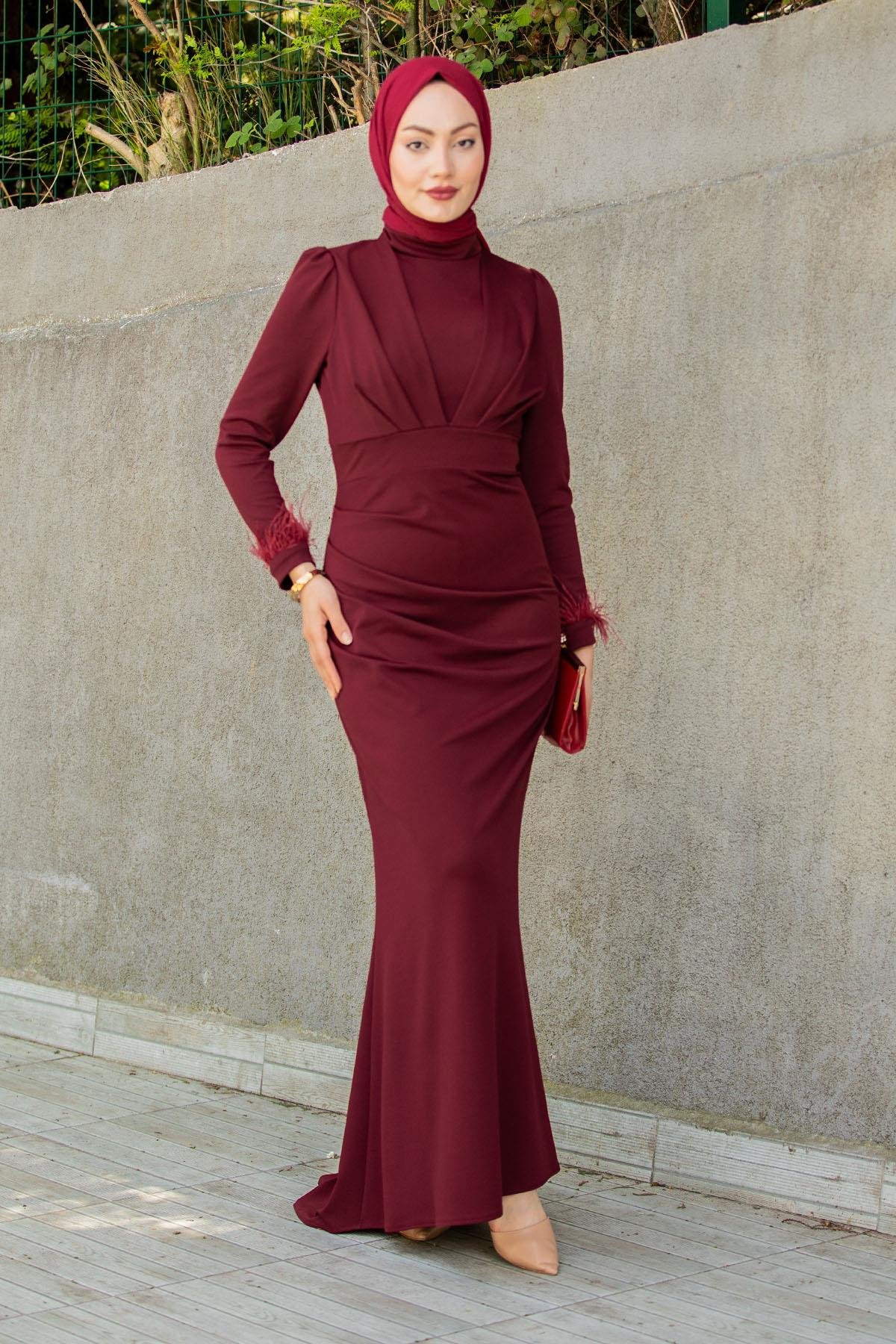 Rua Tüy ve Drape Detaylı Abiye-Bordo
