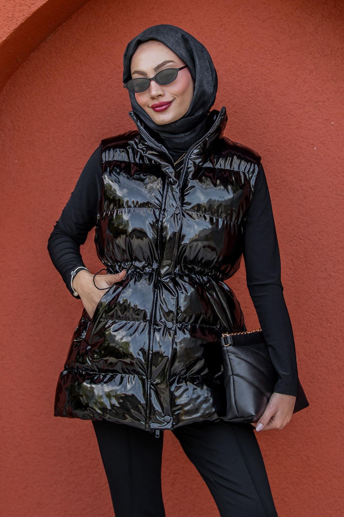 Rugan Bel Büzgülü Şişme Yelek-Siyah