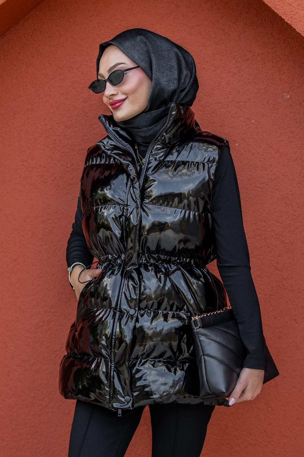 Rugan Bel Büzgülü Şişme Yelek-Siyah