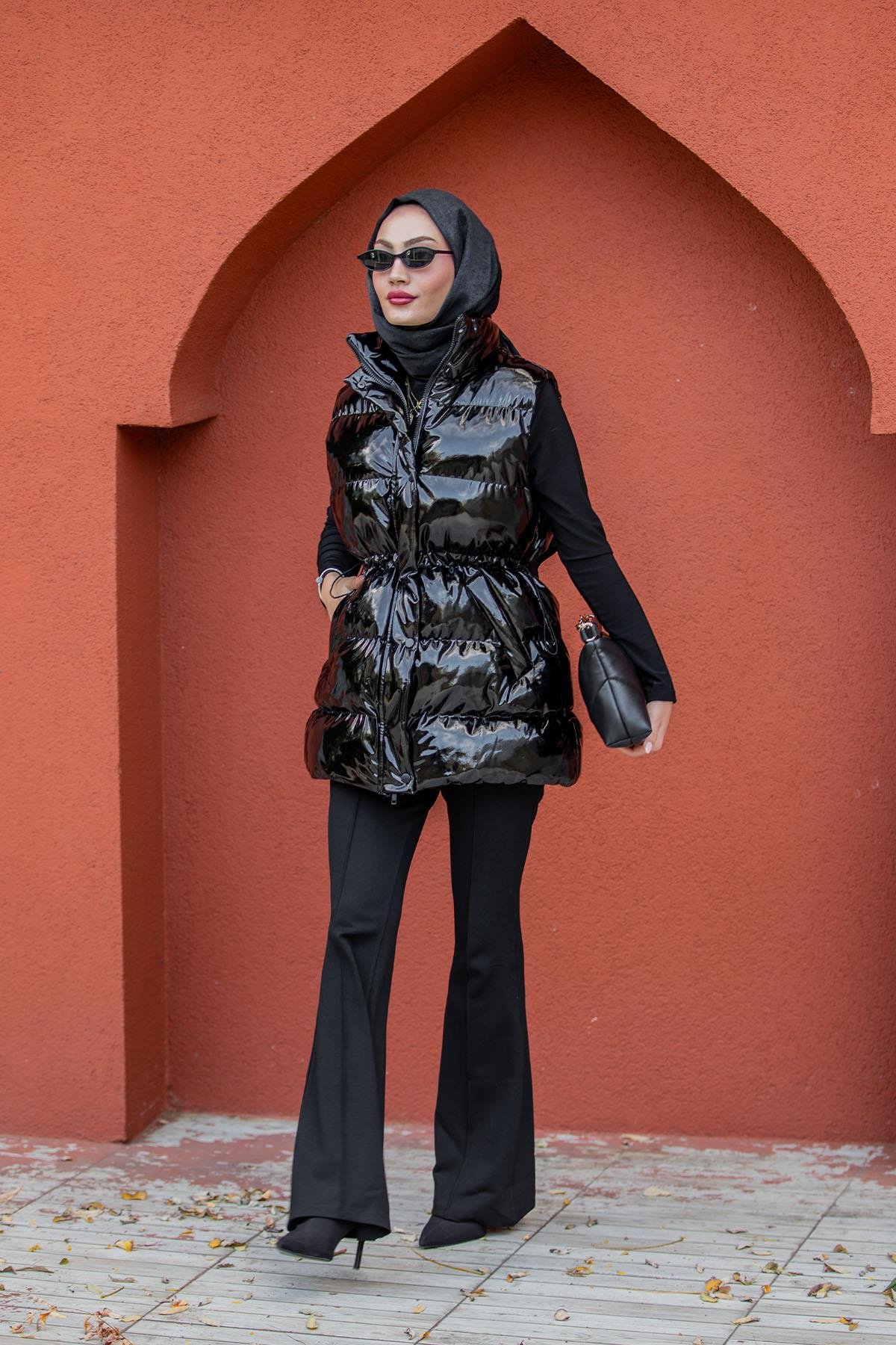 Rugan Bel Büzgülü Şişme Yelek-Siyah