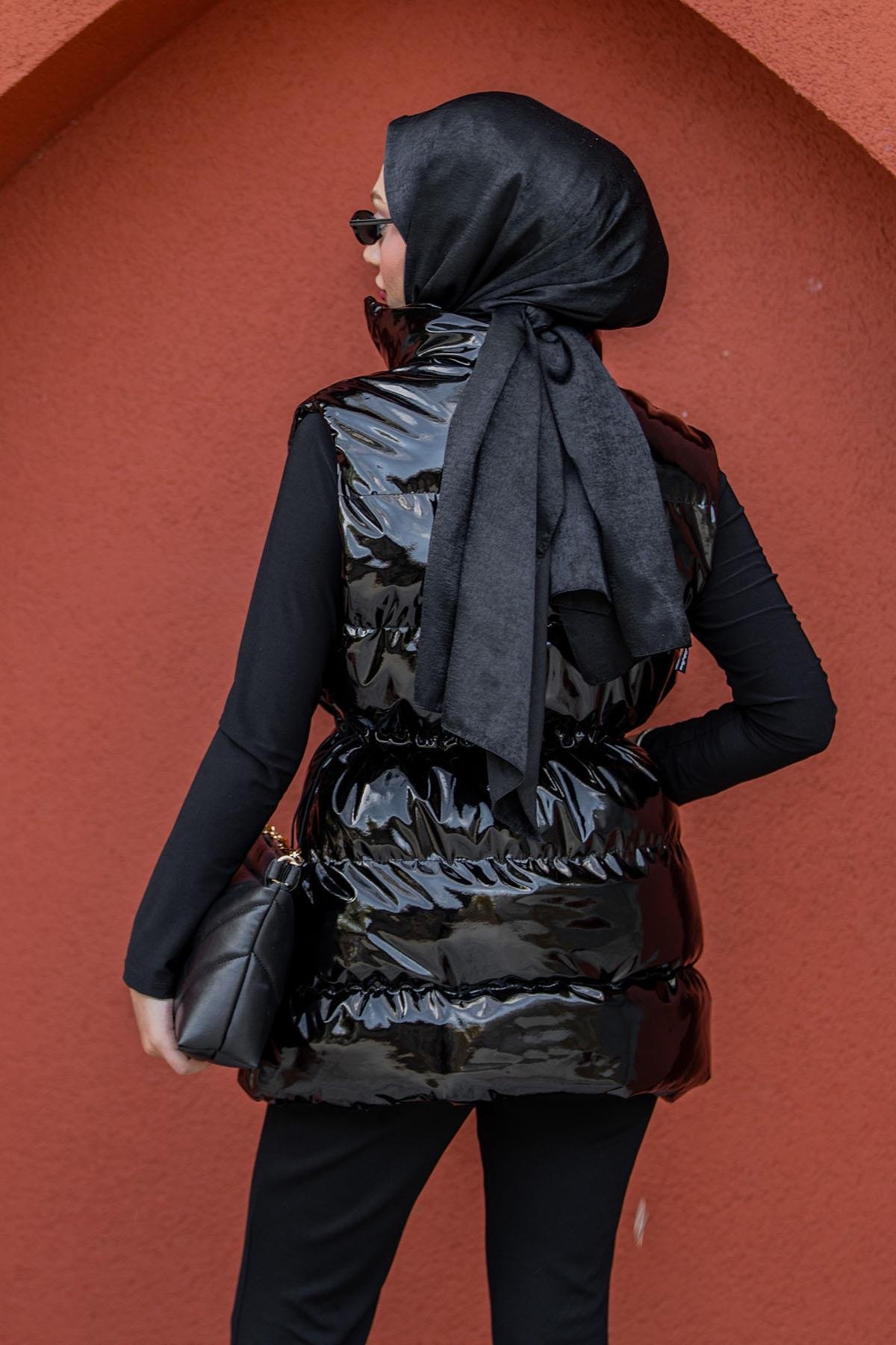 Rugan Bel Büzgülü Şişme Yelek-Siyah