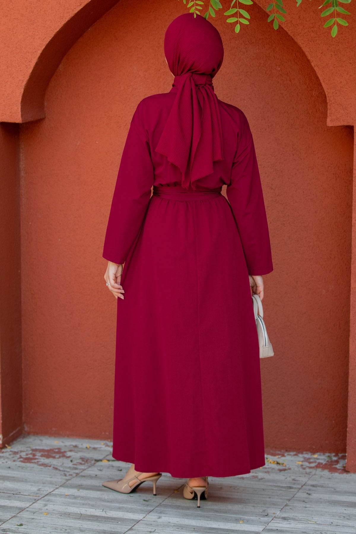 Seah Kemerli Pamuk Cotton Elbise-Bordo