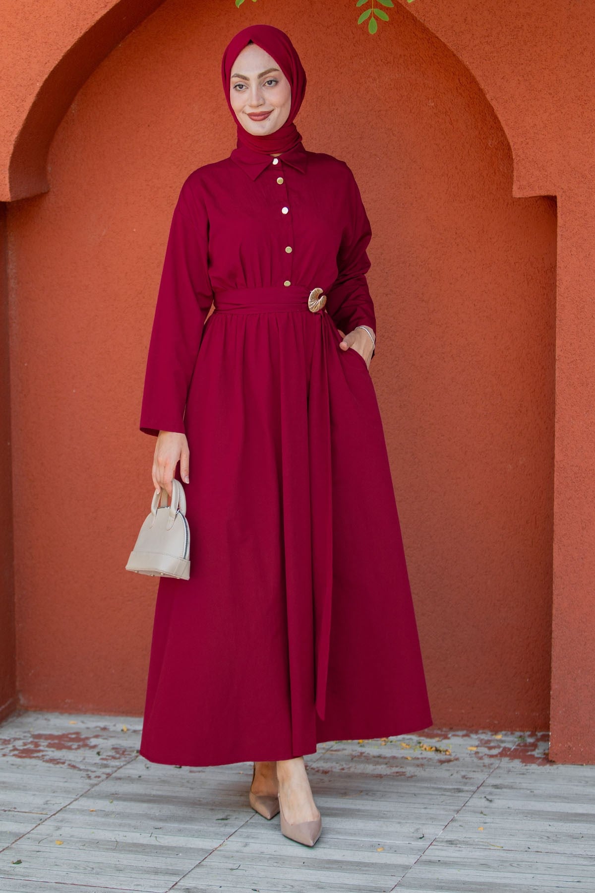 Seah Kemerli Pamuk Cotton Elbise-Bordo