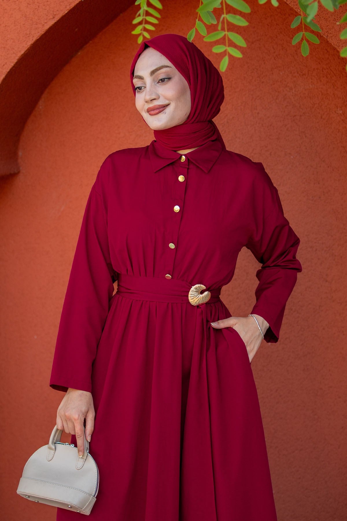 Seah Kemerli Pamuk Cotton Elbise-Bordo