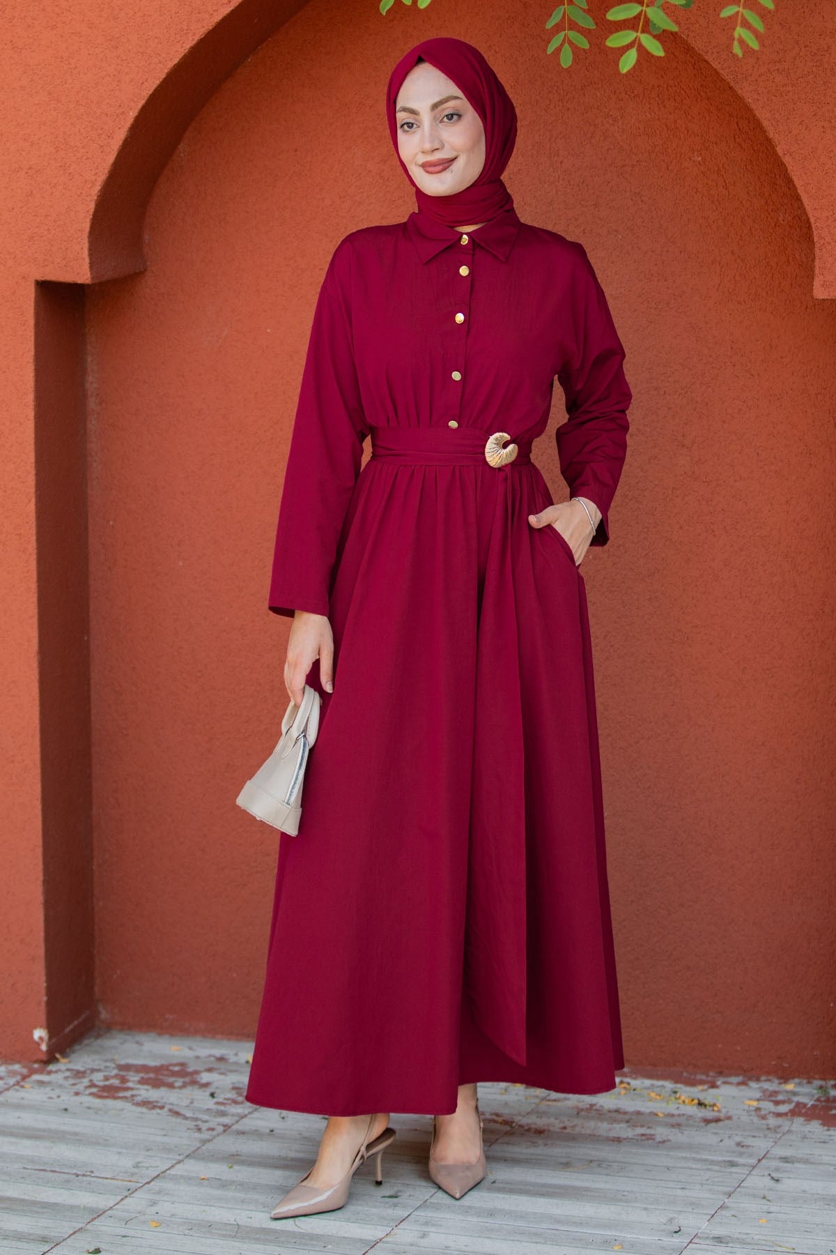 Seah Kemerli Pamuk Cotton Elbise-Bordo