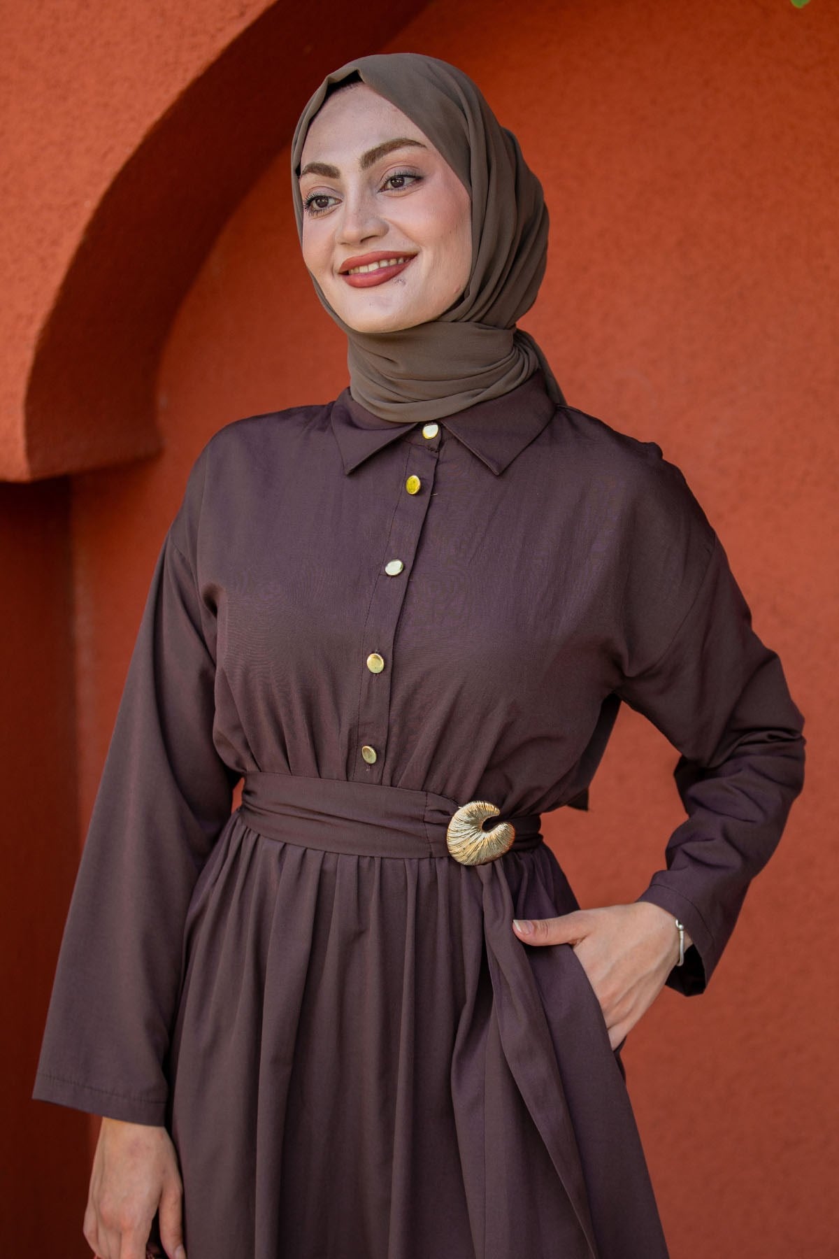 Seah Kemerli Pamuk Cotton Elbise-Kahve