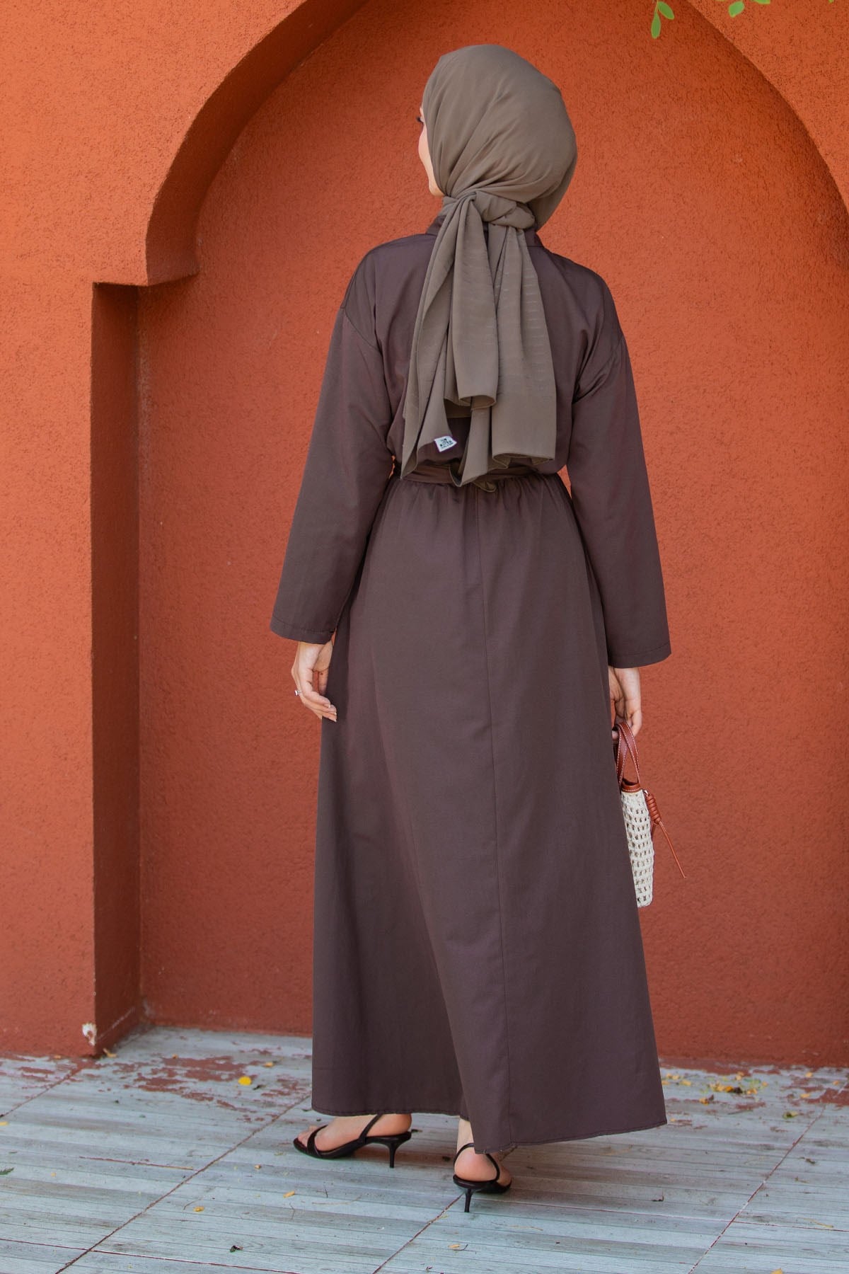 Seah Kemerli Pamuk Cotton Elbise-Kahve