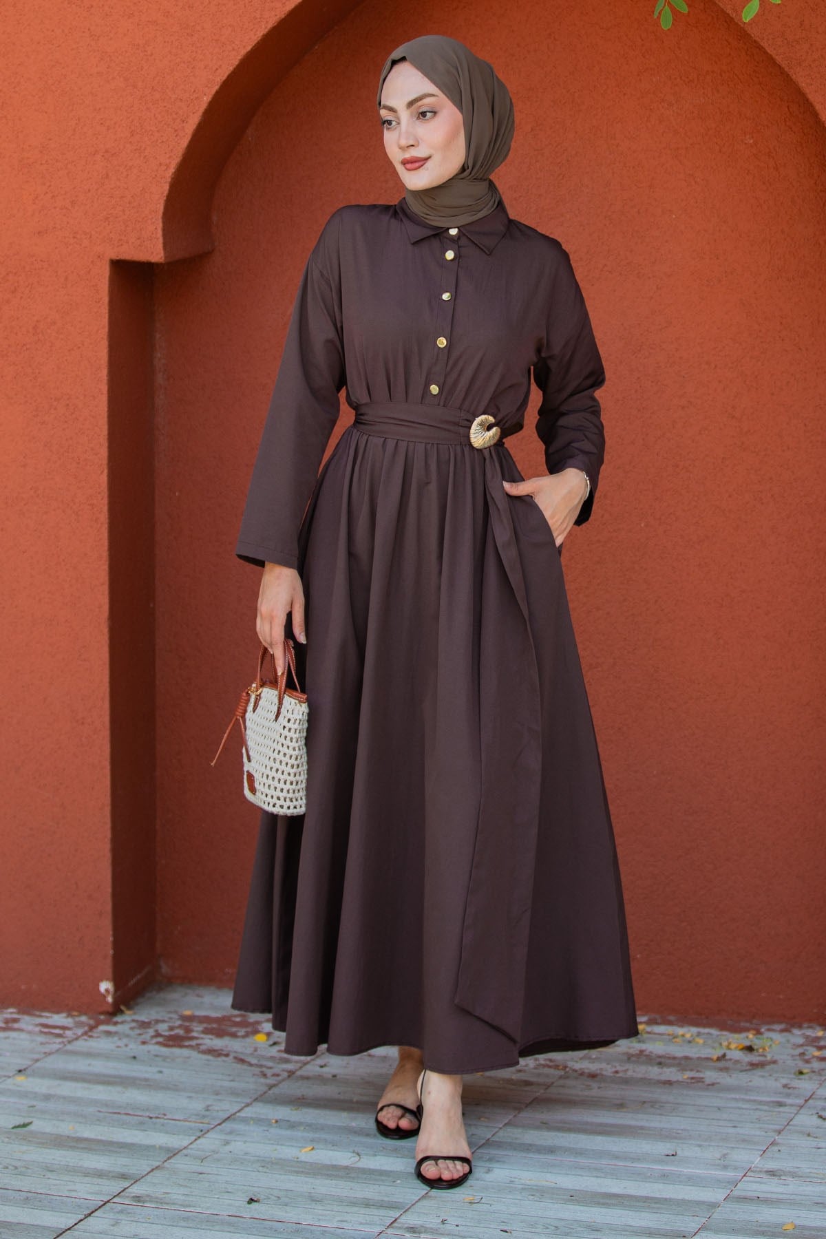 Seah Kemerli Pamuk Cotton Elbise-Kahve
