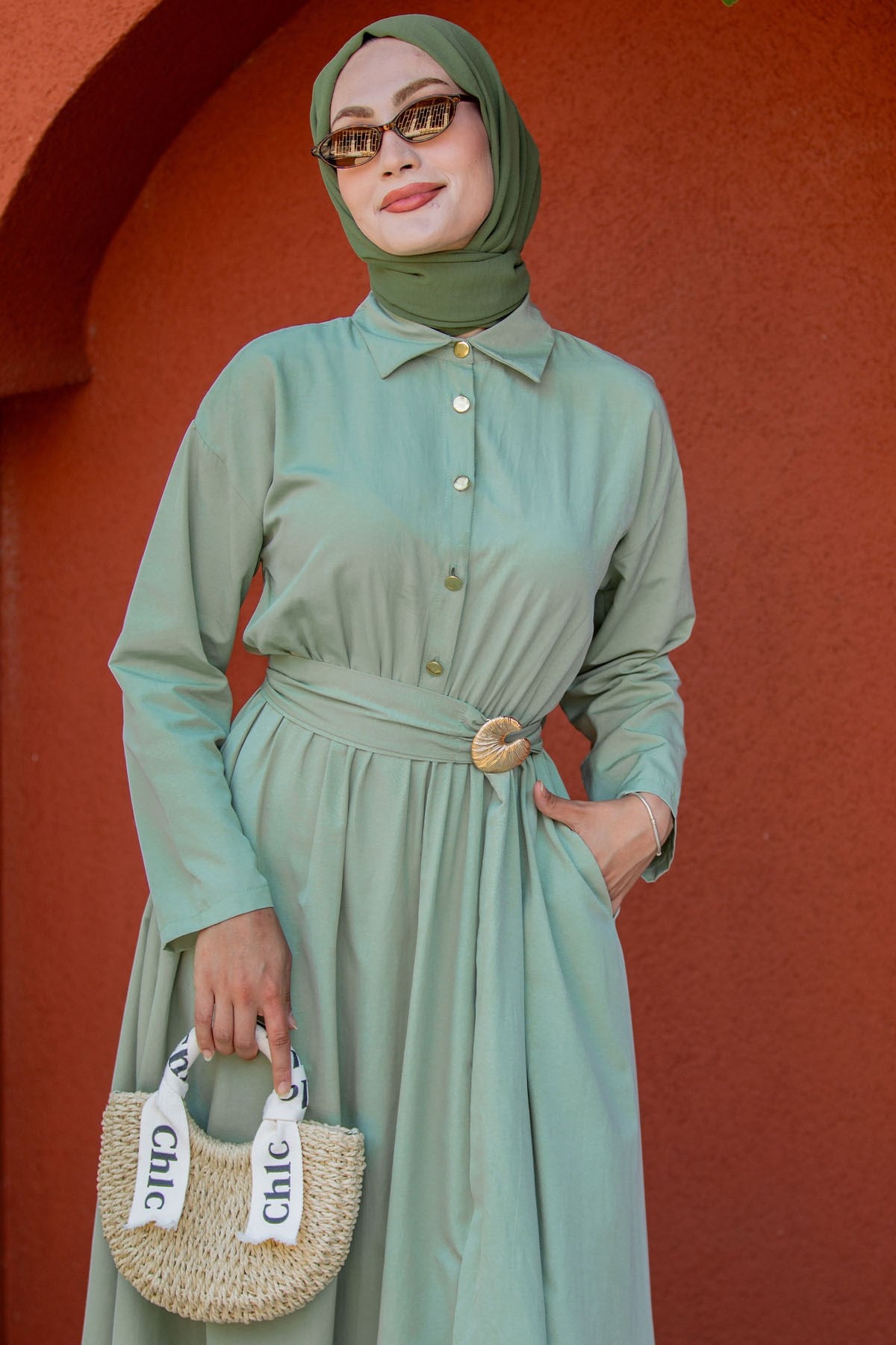Seah Kemerli Pamuk Cotton Elbise-Mint