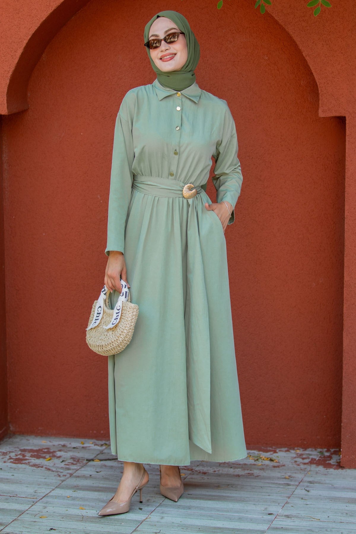 Seah Kemerli Pamuk Cotton Elbise-Mint