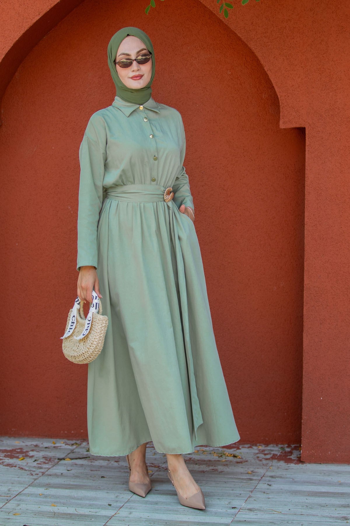 Seah Kemerli Pamuk Cotton Elbise-Mint