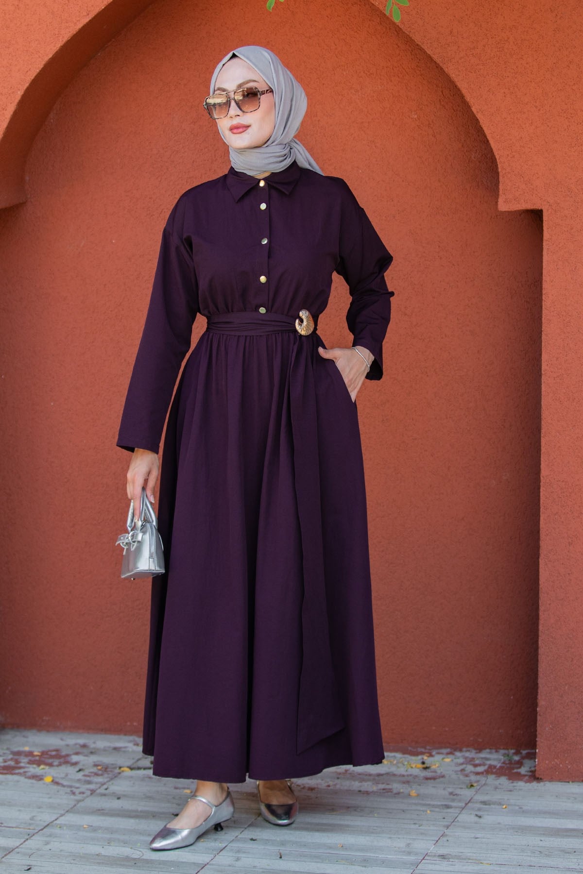 Seah Kemerli Pamuk Cotton Elbise-Mor