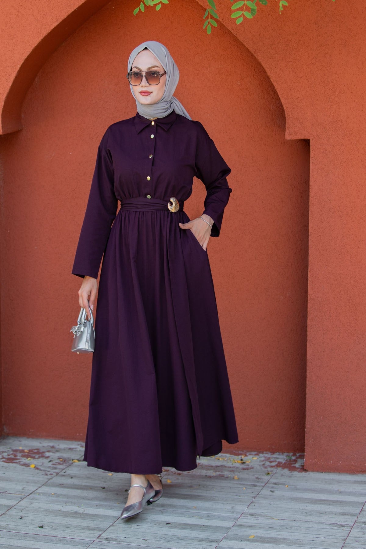 Seah Kemerli Pamuk Cotton Elbise-Mor