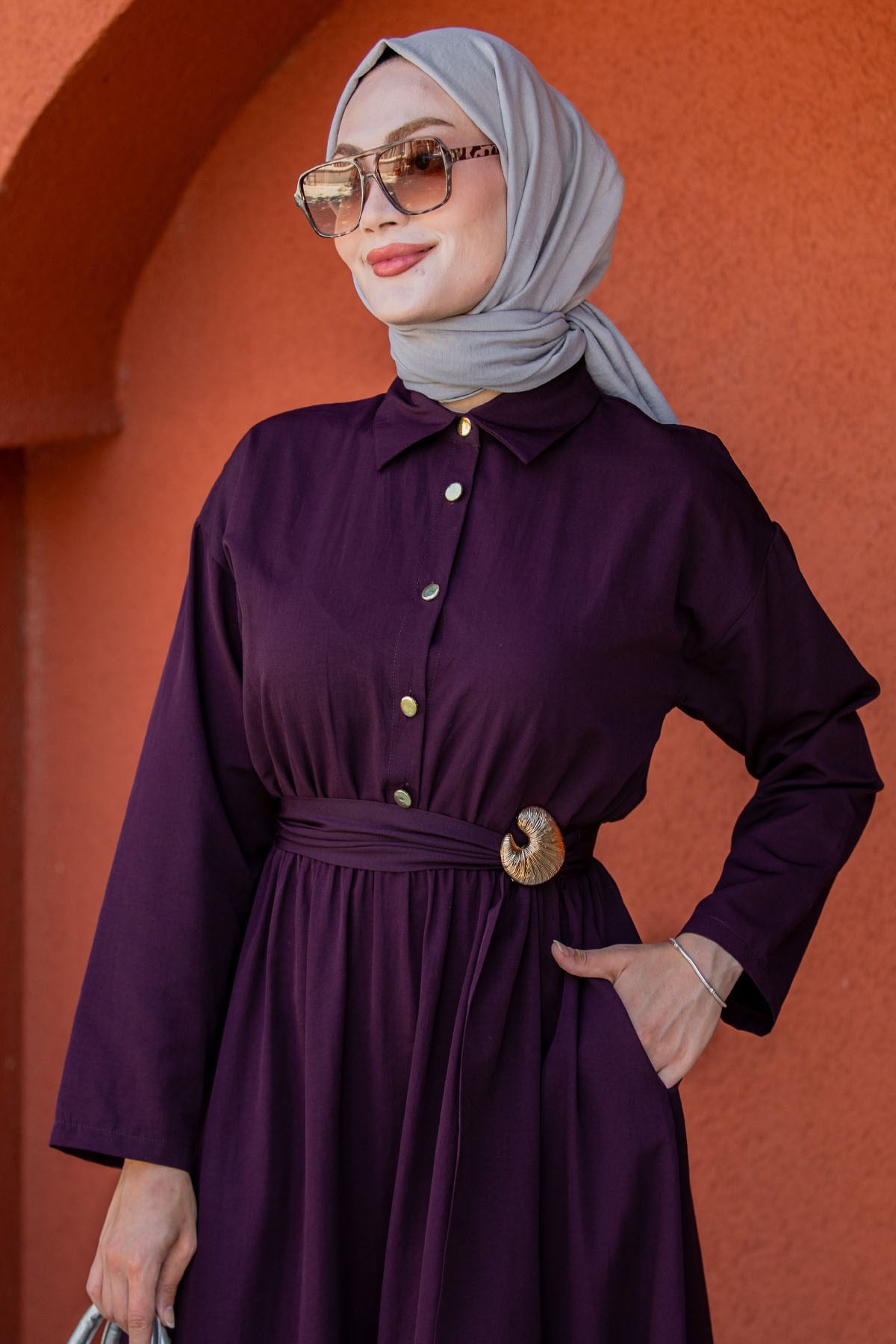 Seah Kemerli Pamuk Cotton Elbise-Mor