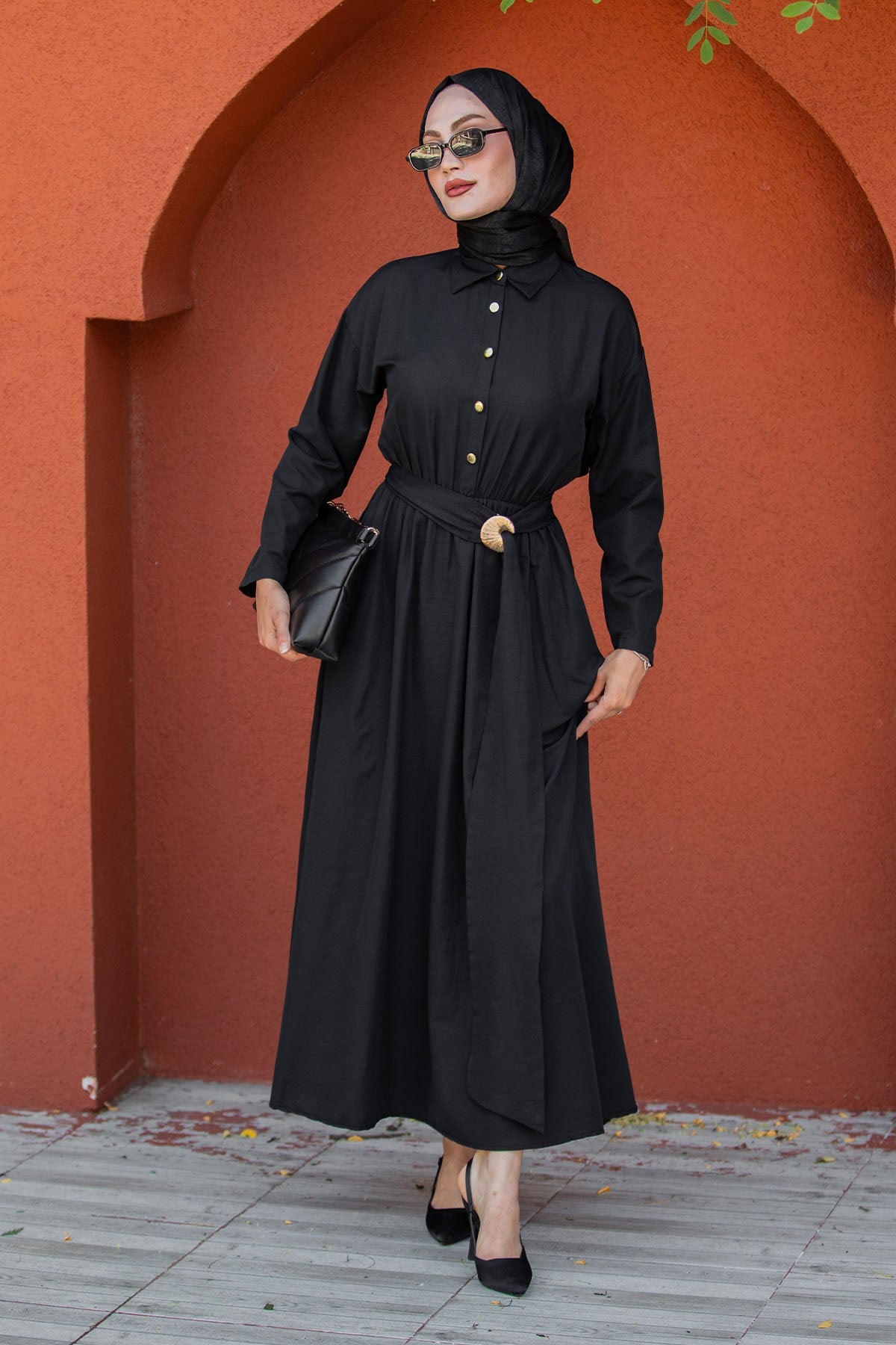 Seah Kemerli Pamuk Cotton Elbise-Siyah