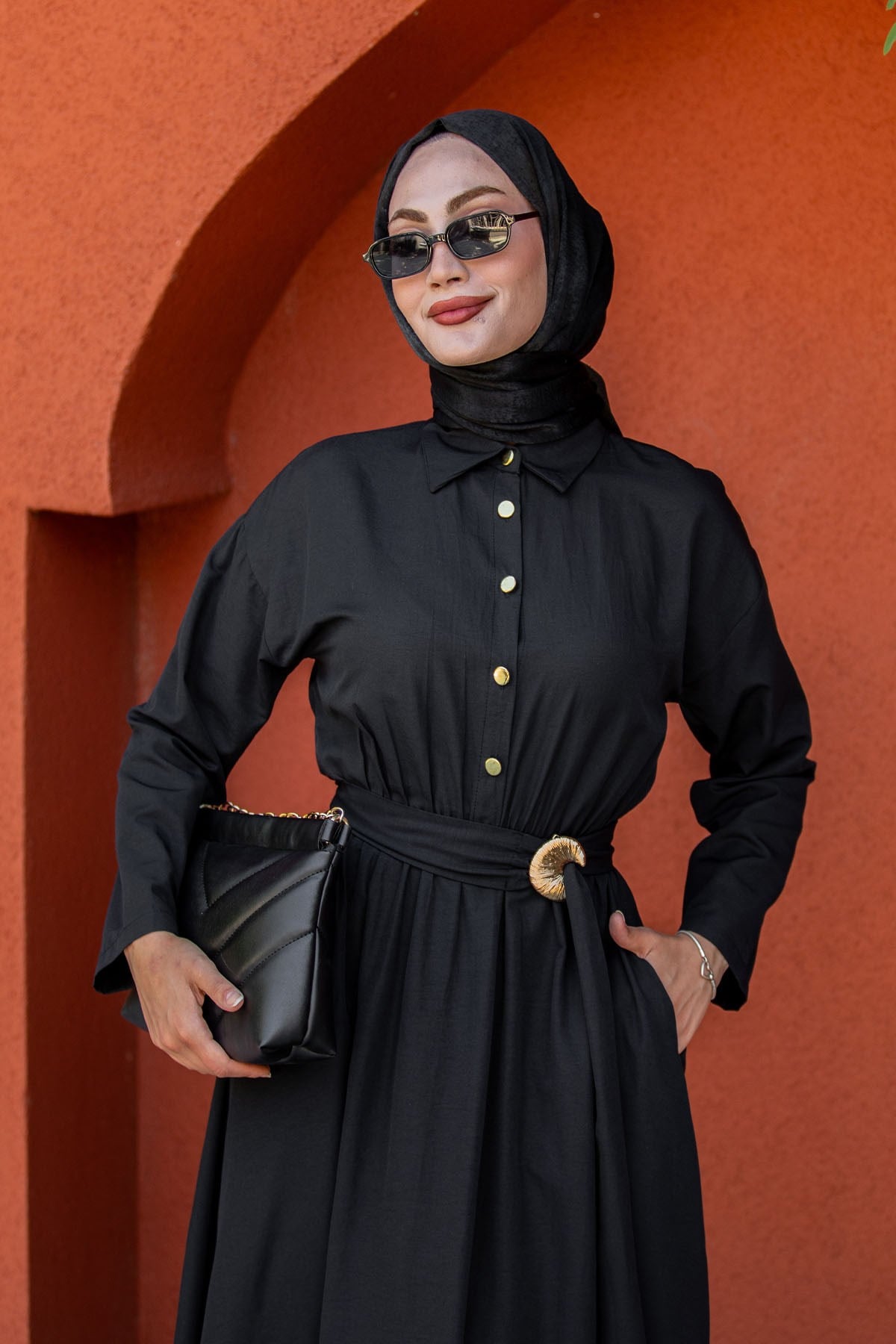 Seah Kemerli Pamuk Cotton Elbise-Siyah