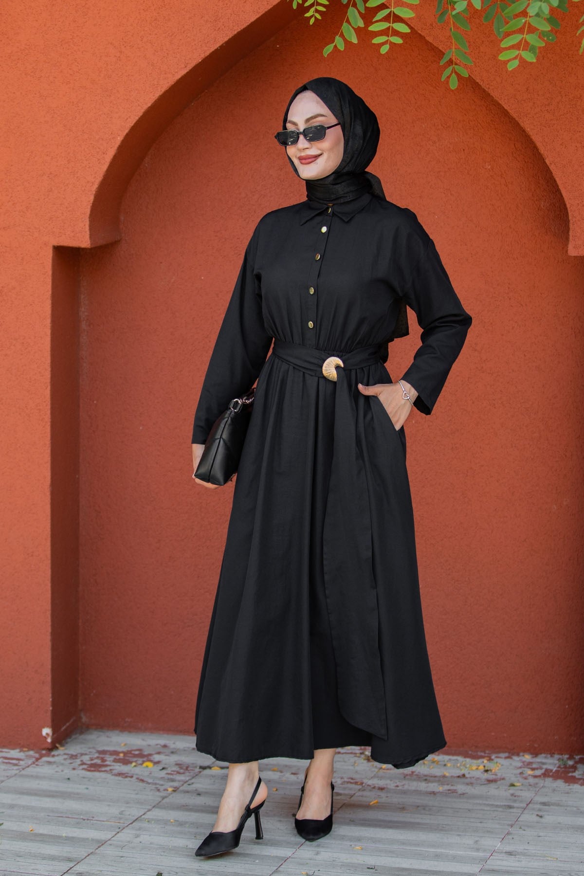 Seah Kemerli Pamuk Cotton Elbise-Siyah