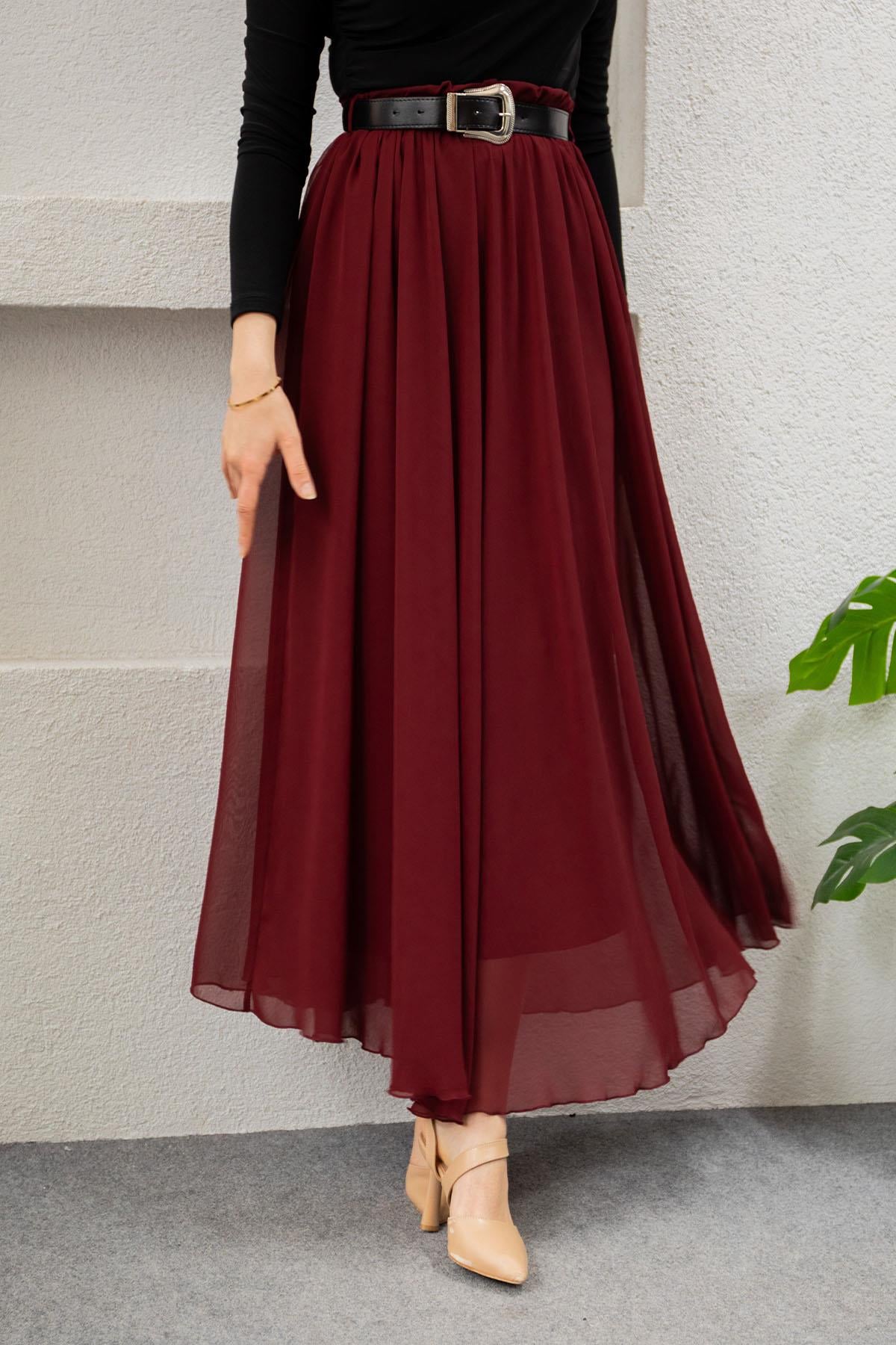 Şifon Büzgülü Yazlık Etek-Bordo