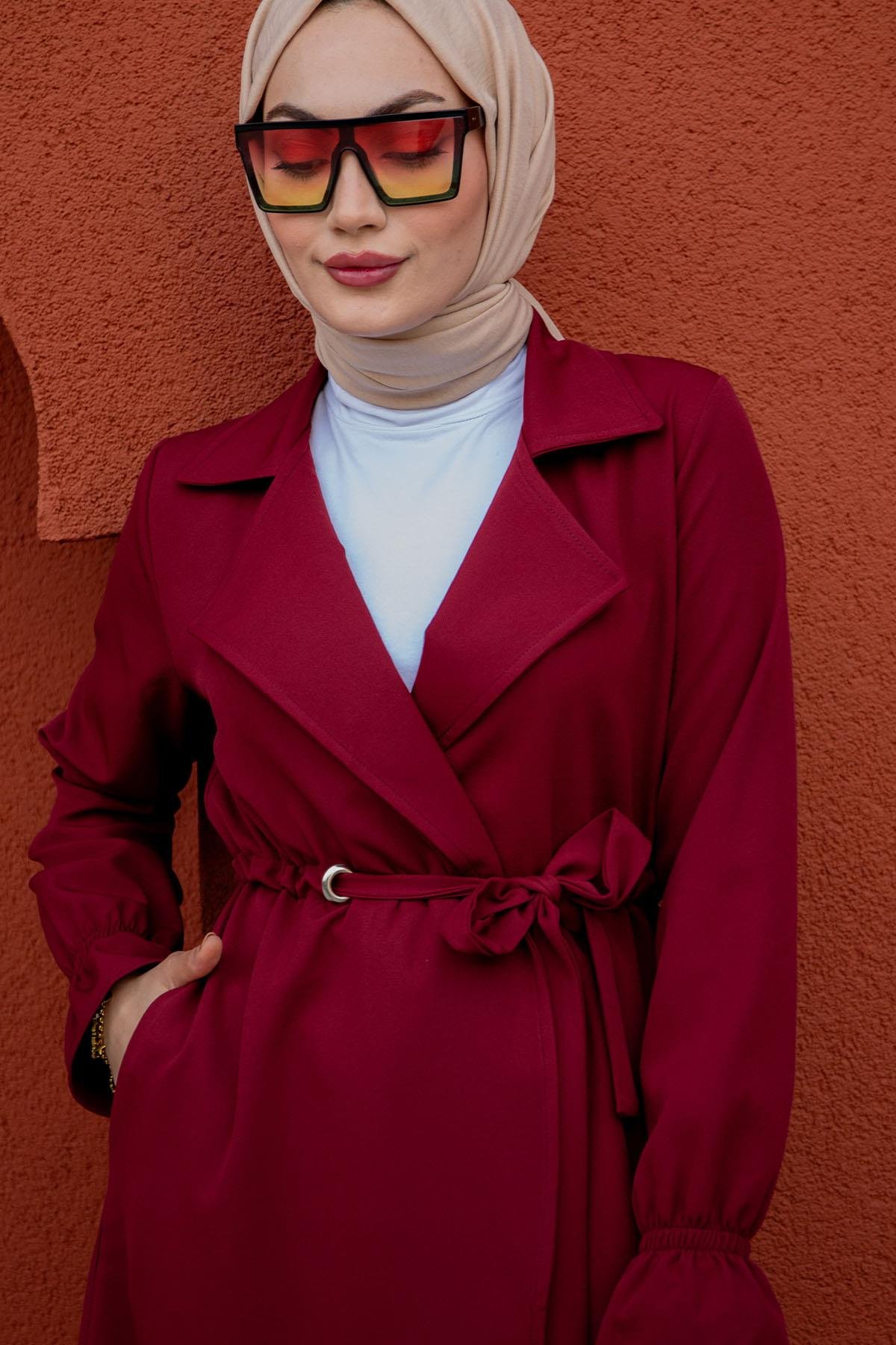 Sima Double Krep Mevsimlik Trenç-Bordo