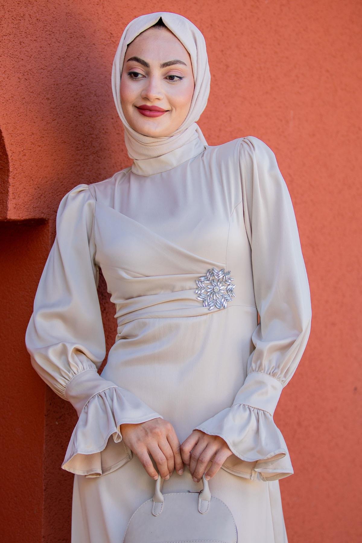 Simly Taş İşlemeli Saten Abiye-Bej