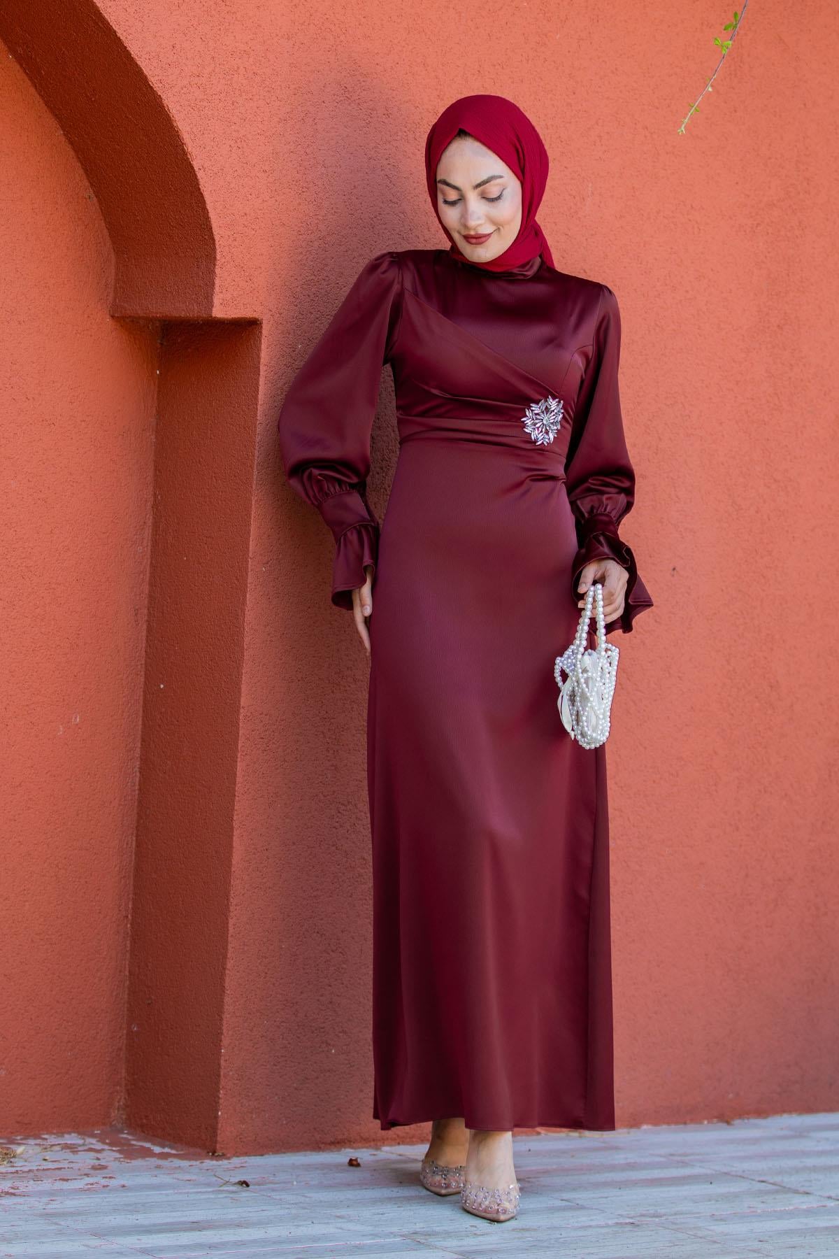 Simly Taş İşlemeli Saten Abiye-Bordo