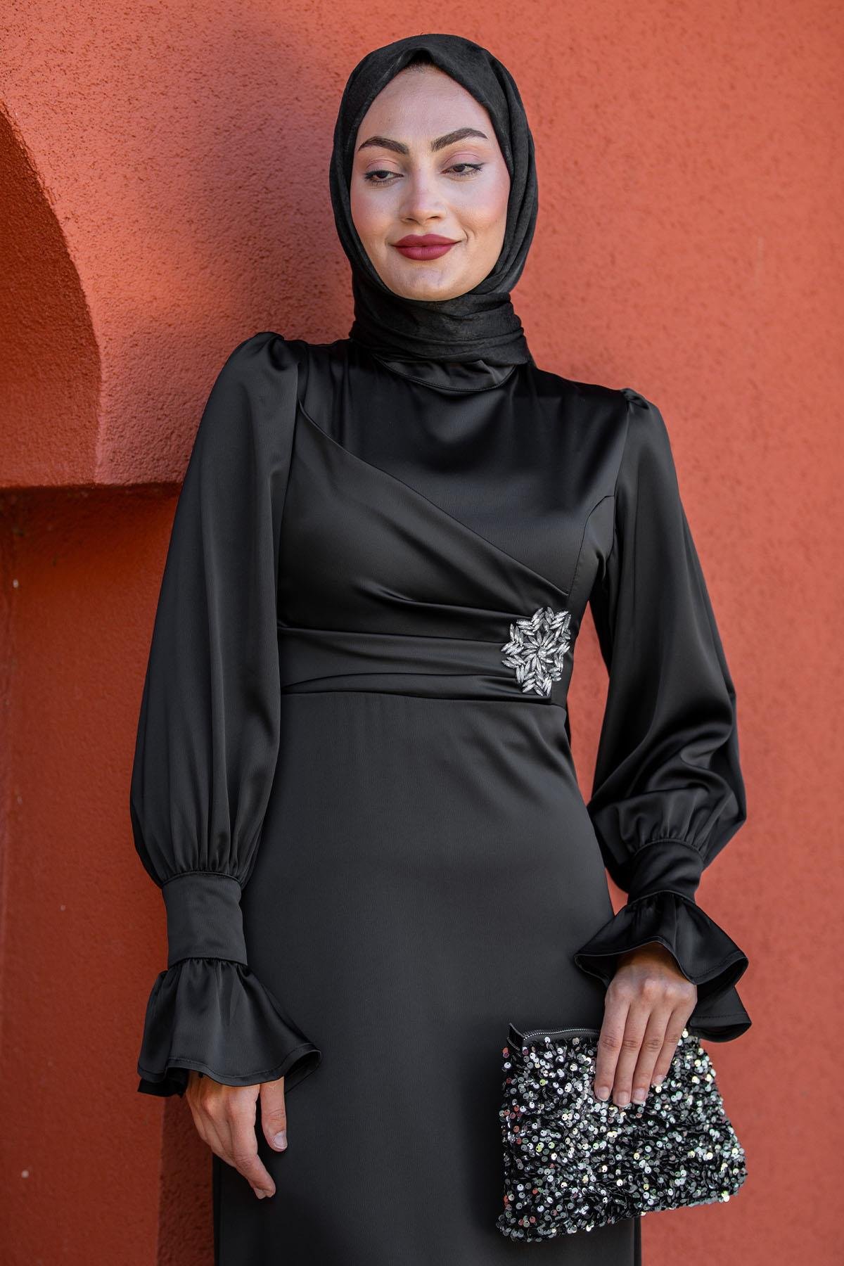 Simly Taş İşlemeli Saten Abiye-Siyah