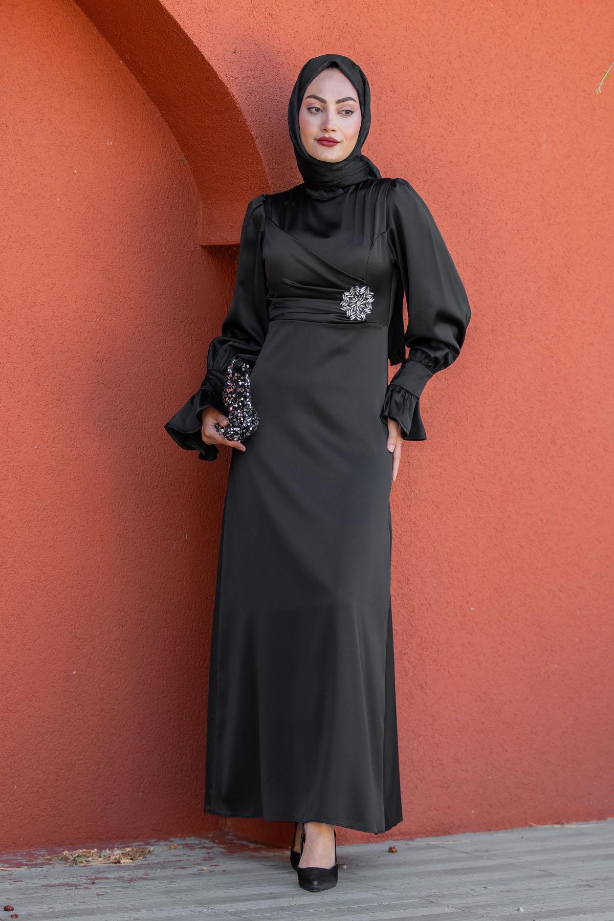 Simly Taş İşlemeli Saten Abiye-Siyah
