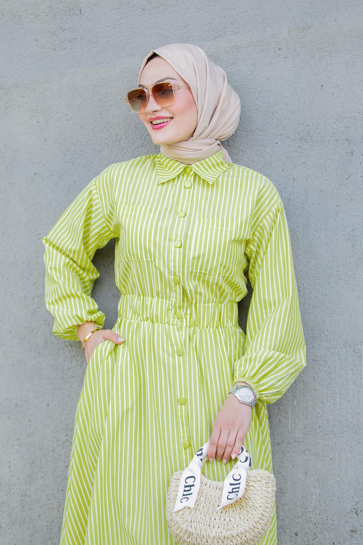 Sunny Çizgili Cotton Elbise-YagYeşili