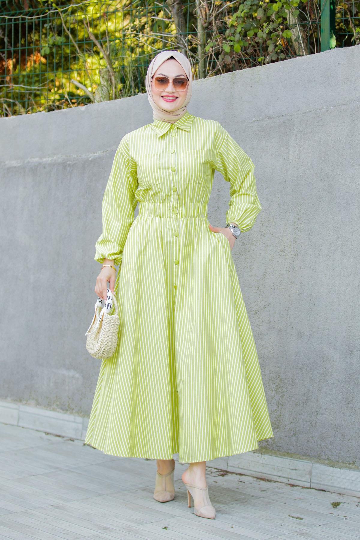 Sunny Çizgili Cotton Elbise-YagYeşili