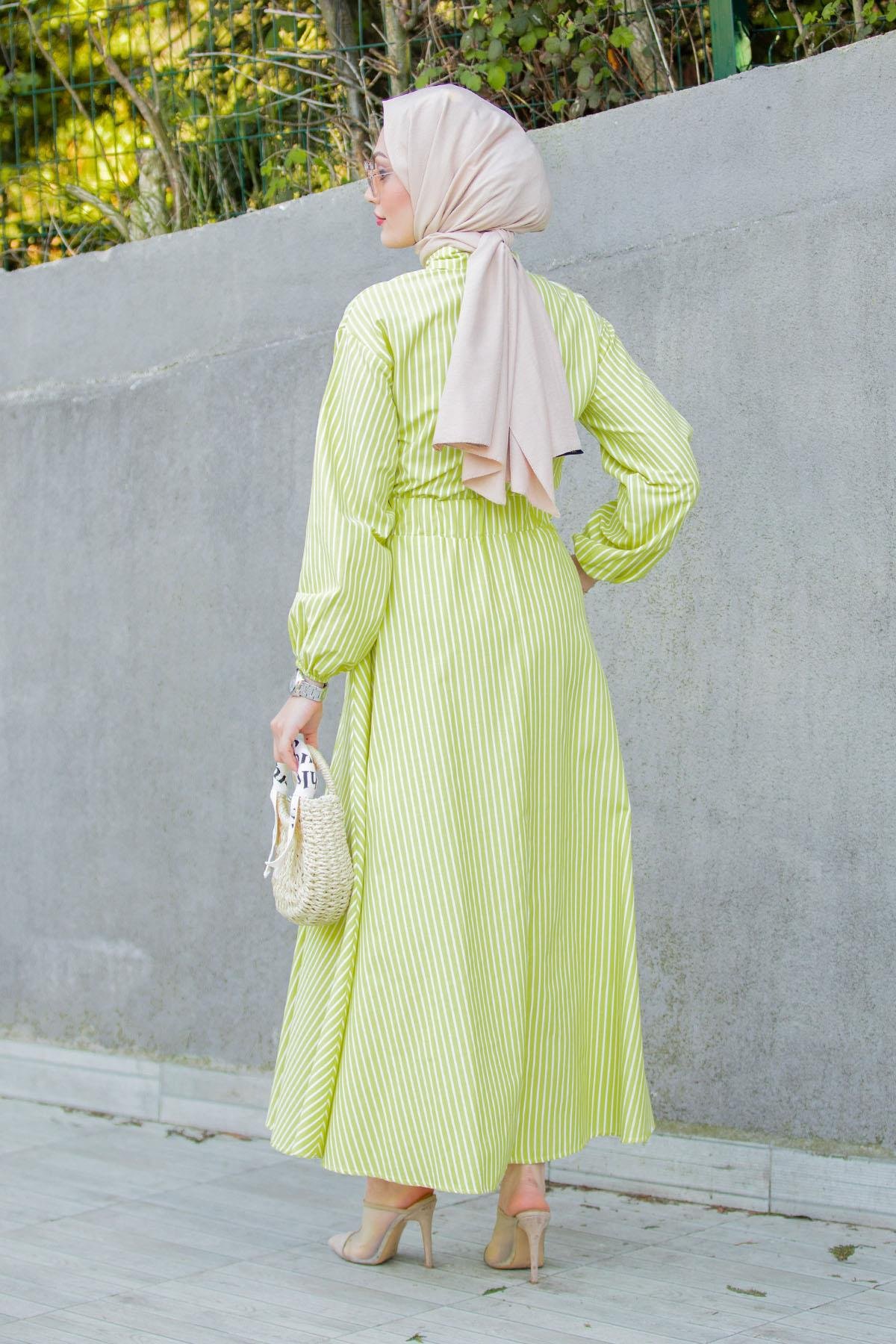 Sunny Çizgili Cotton Elbise-YagYeşili