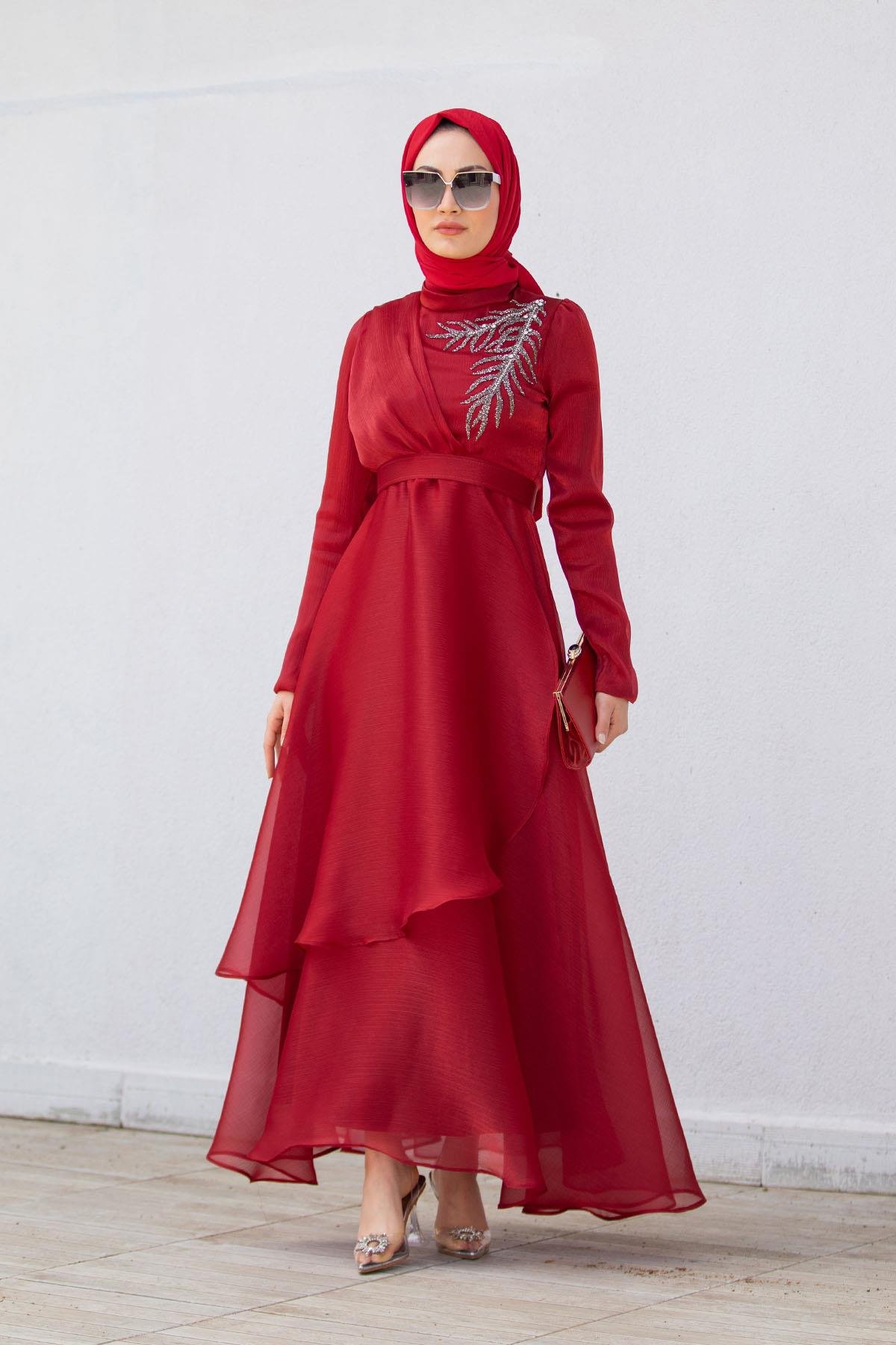 Taş Detaylı Organze Abiye Elbise-Bordo