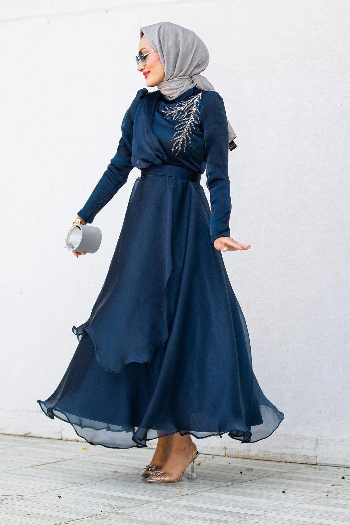 Taş Detaylı Organze Abiye Elbise-Laci