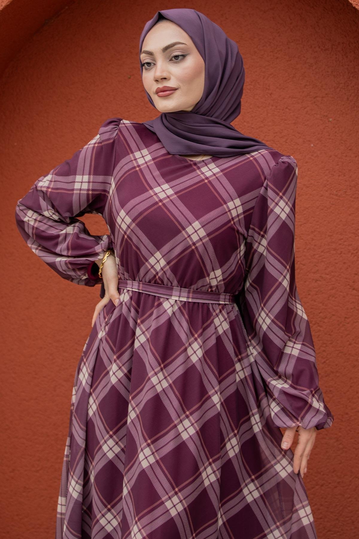 Tül Üzeri Ekoseli Mevlana Elbise-Bordo