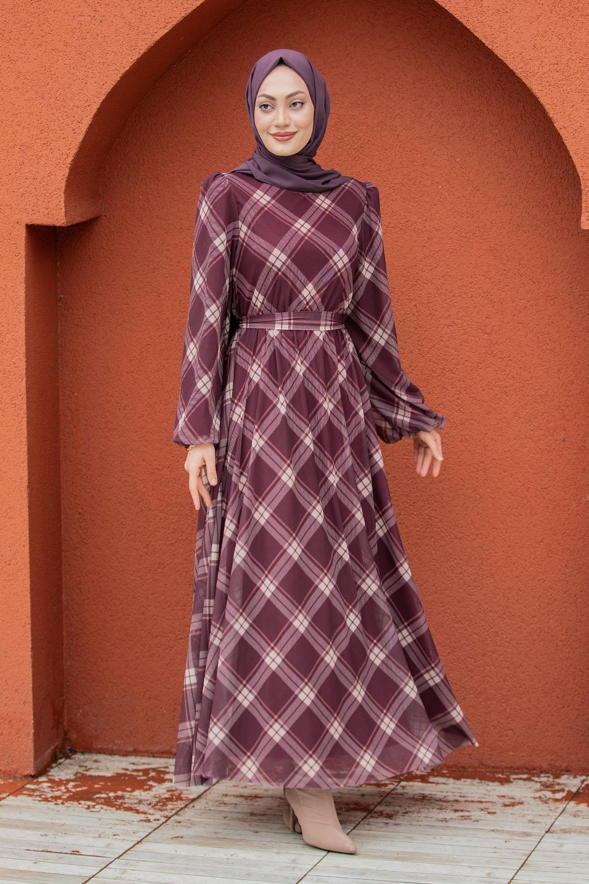 Tül Üzeri Ekoseli Mevlana Elbise-Bordo