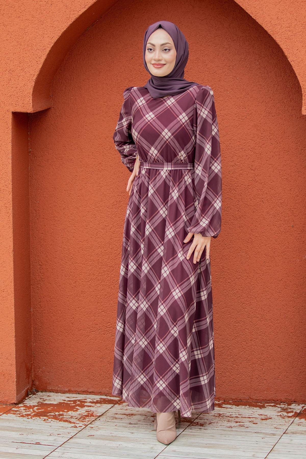 Tül Üzeri Ekoseli Mevlana Elbise-Bordo