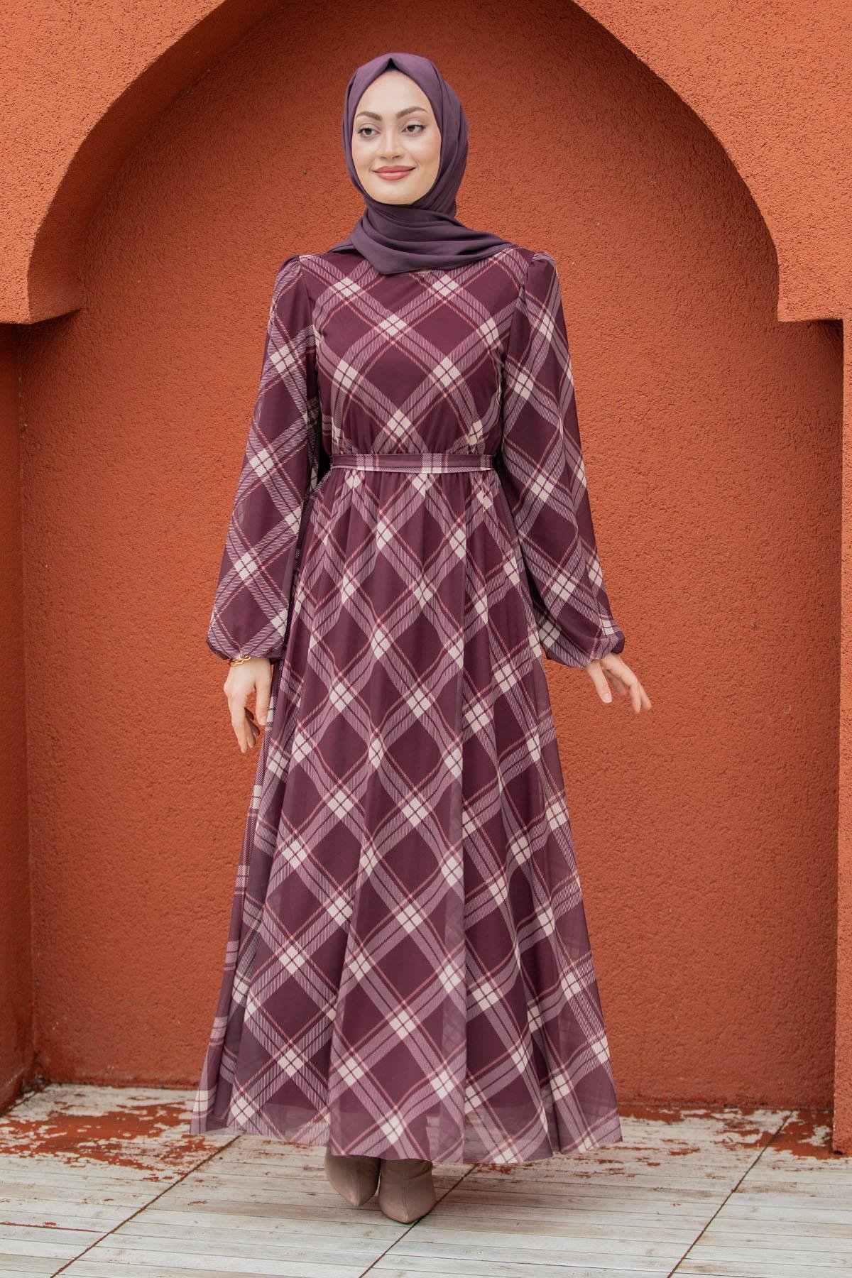 Tül Üzeri Ekoseli Mevlana Elbise-Bordo