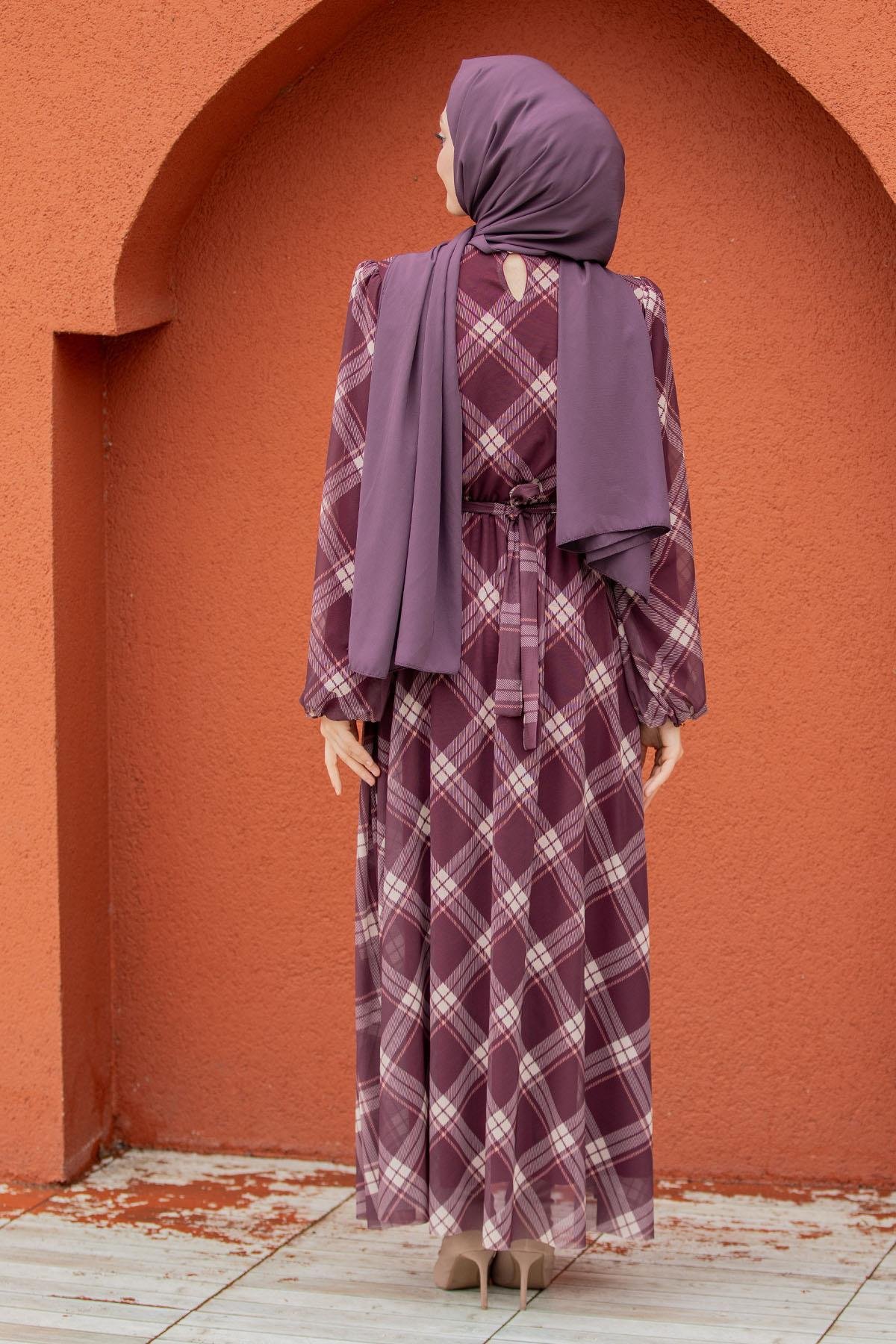 Tül Üzeri Ekoseli Mevlana Elbise-Bordo