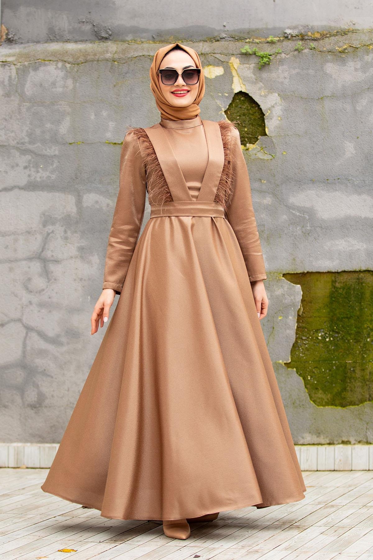 Tüy Detaylı Asetat Saten Abiye-Taba