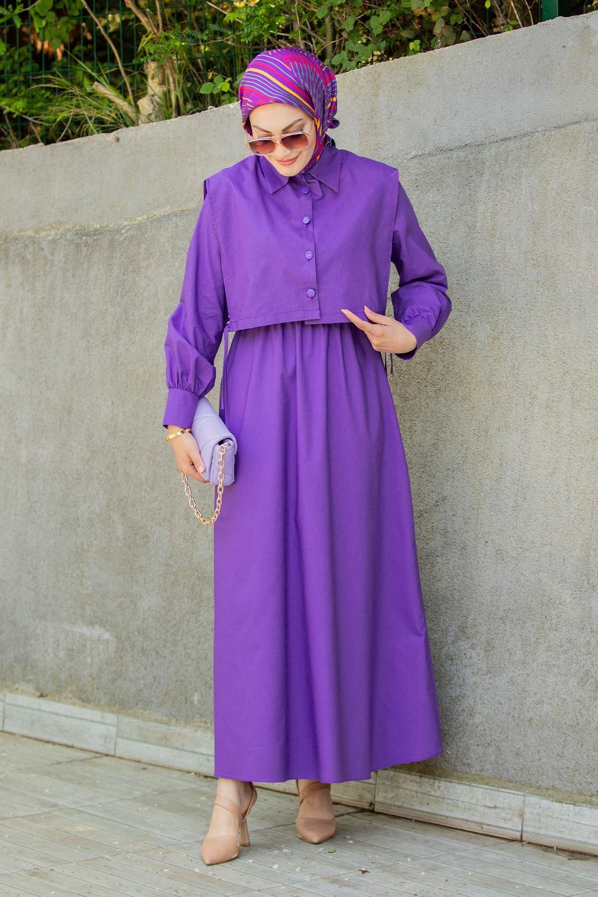 Üst Cepkenli Pamuk Cotton Elbise-Mor