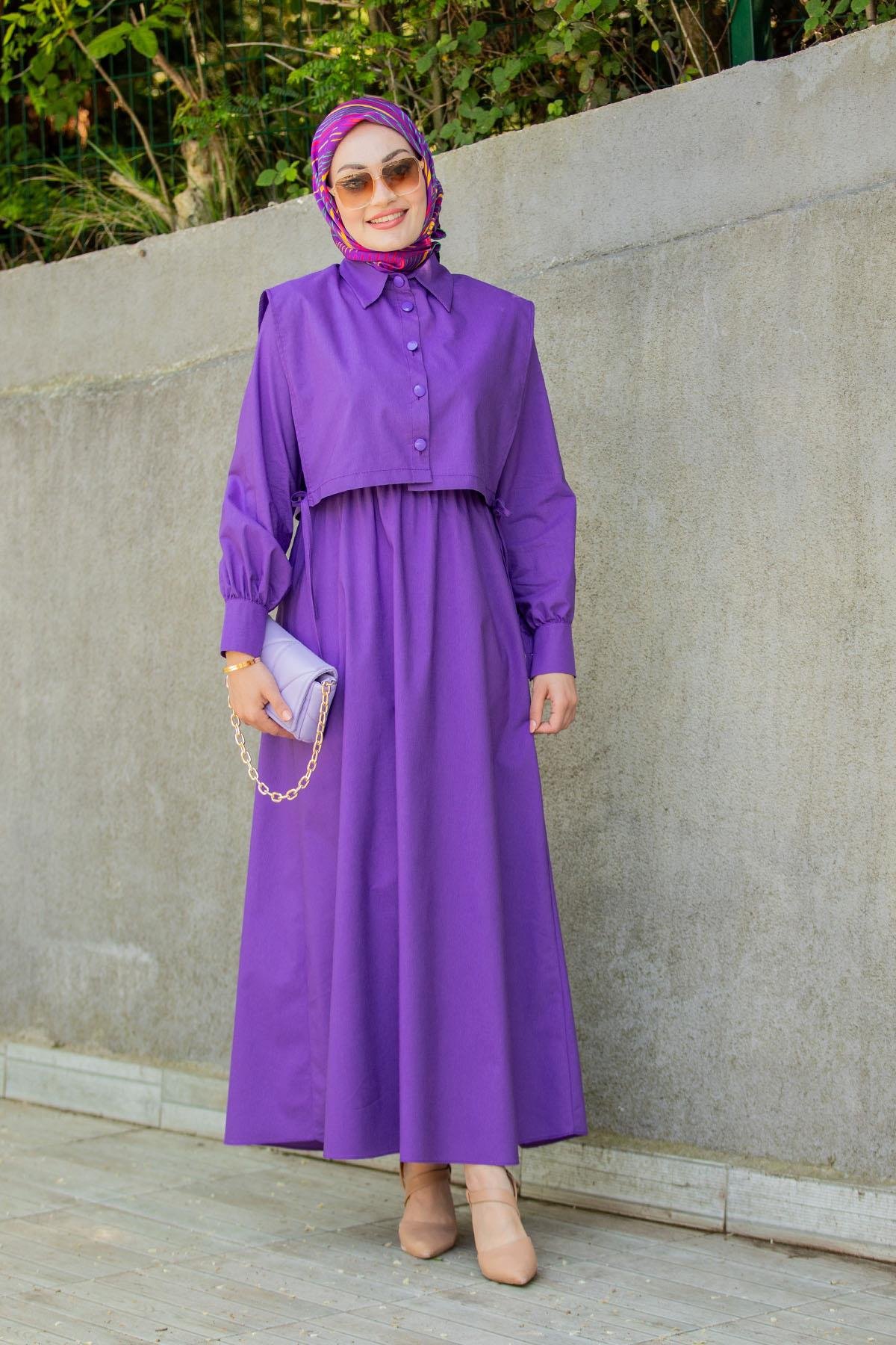 Üst Cepkenli Pamuk Cotton Elbise-Mor