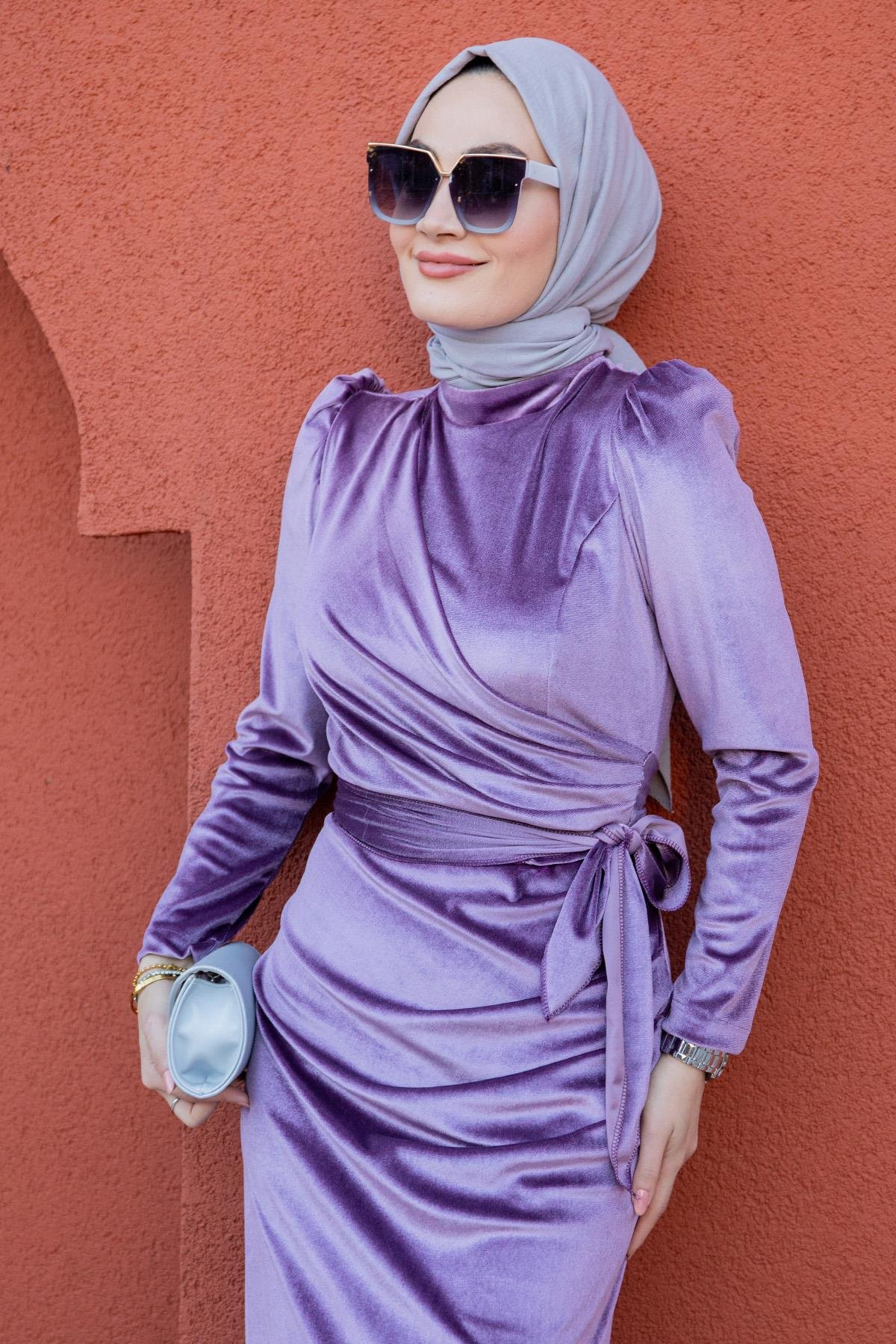 Vily Kadife Roba Detay Abiye-Lila