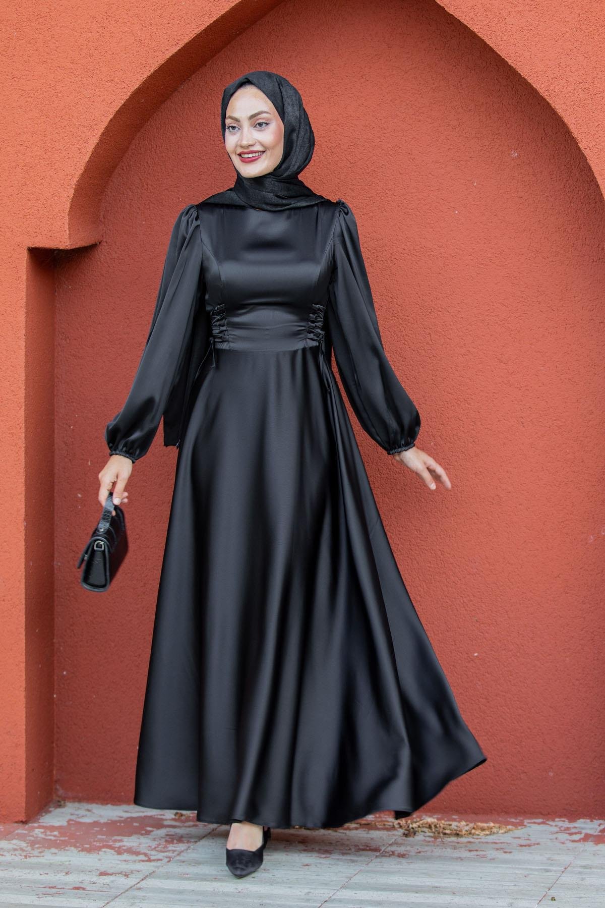 Visy Korsaj Bağlama Detaylı Saten Abiye-Siyah