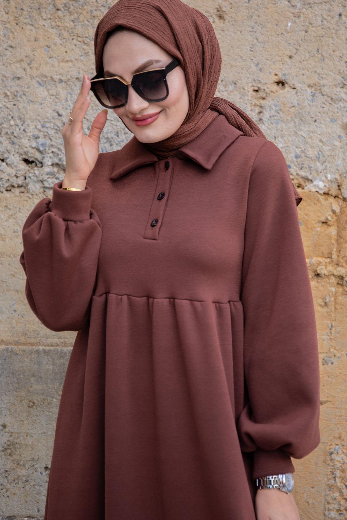 Yakalı Üç İplik Şardonlu Sweat Elbise-Khv